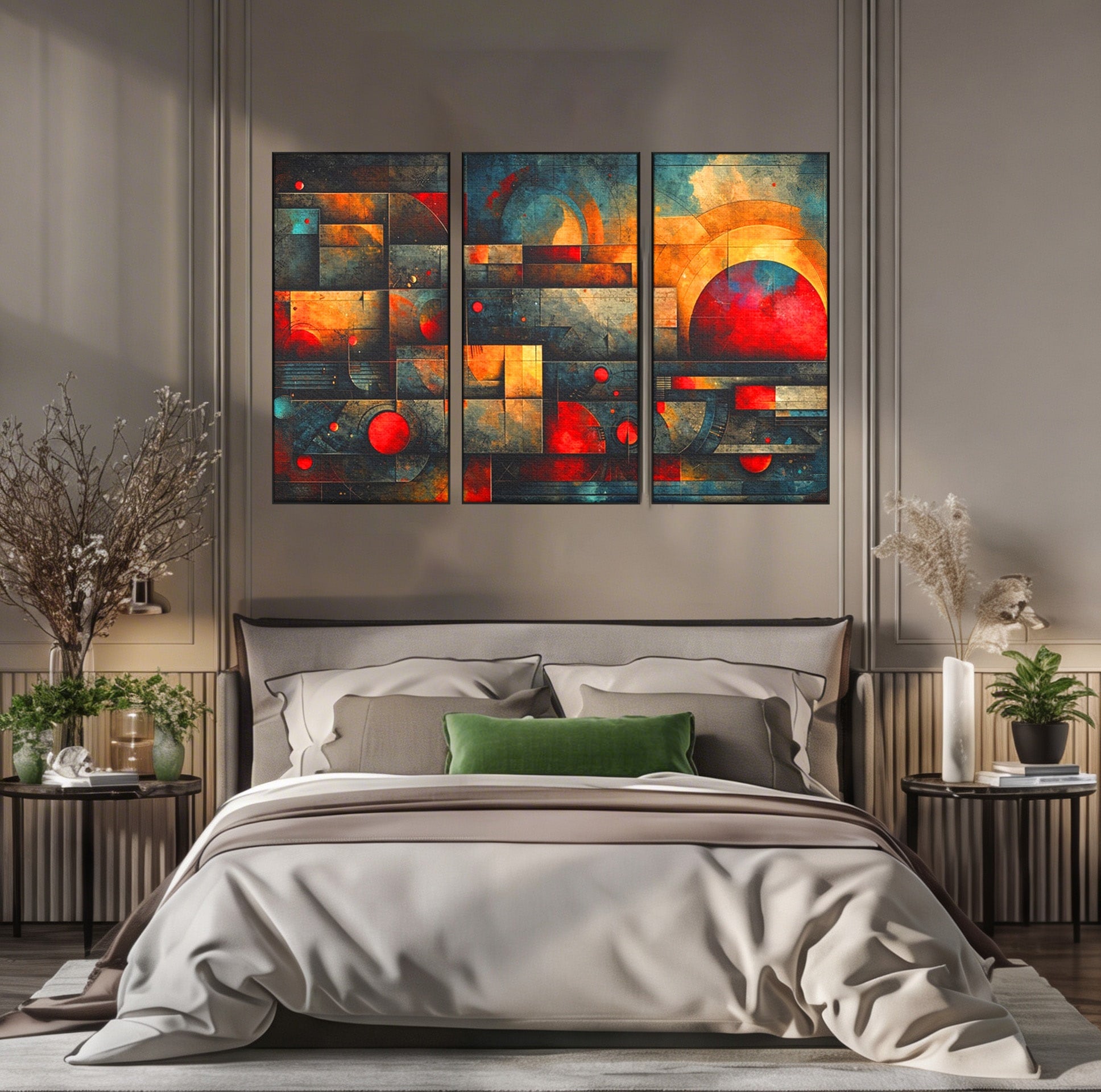 Set 3 Tablouri Canvas Premium LuxCanva® C3-1286, Cosmologii Urbane, Geometrie, Culori, Abstract, Cercuri, Arc, Rosu, Foc, Jar, Industrial, Ocru, Contrast, Echilibru, Modern, Birou, Living, Dormitor