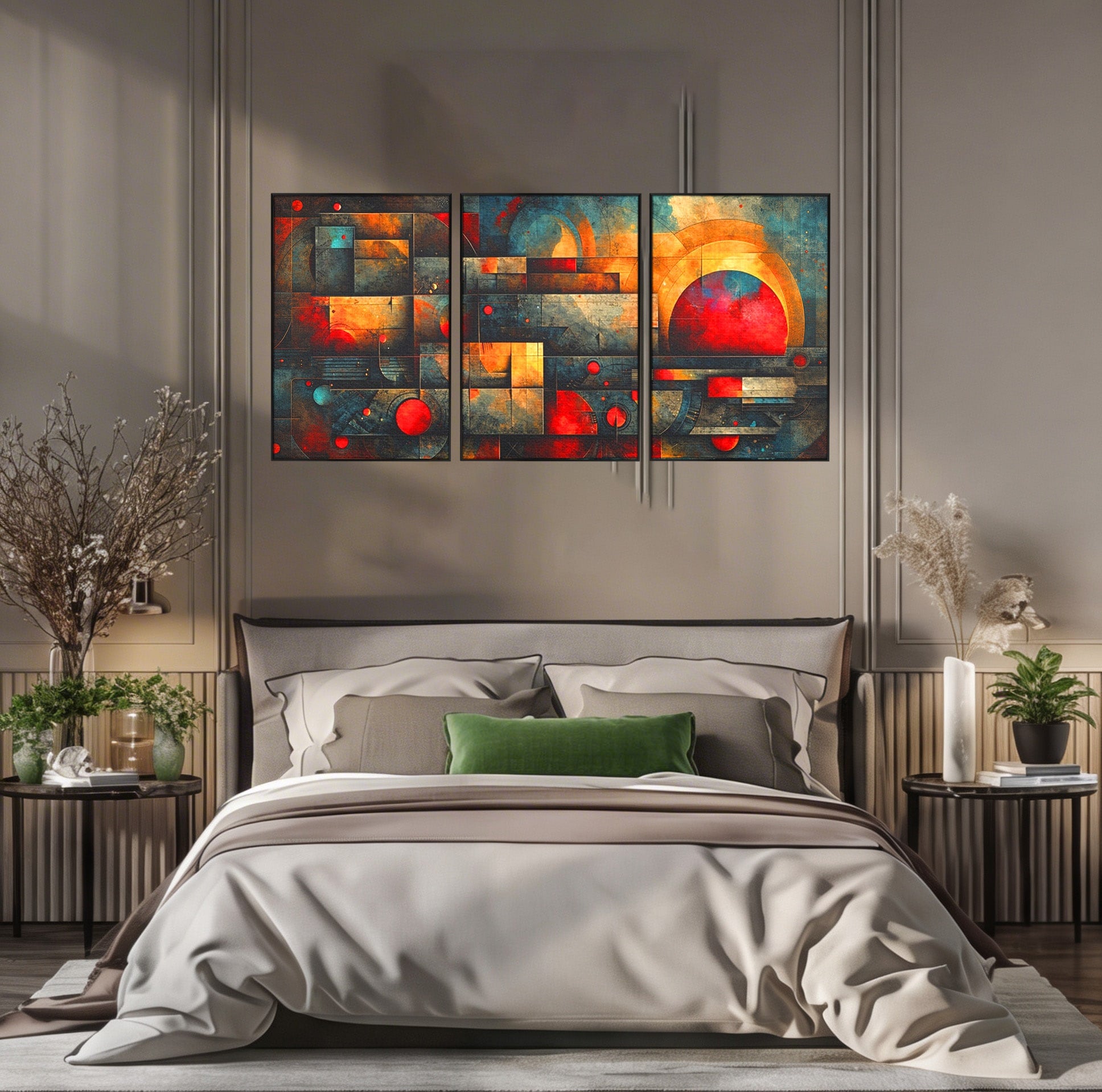 Set 3 Tablouri Canvas Premium LuxCanva® C3-1286, Cosmologii Urbane, Geometrie, Culori, Abstract, Cercuri, Arc, Rosu, Foc, Jar, Industrial, Ocru, Contrast, Echilibru, Modern, Birou, Living, Dormitor