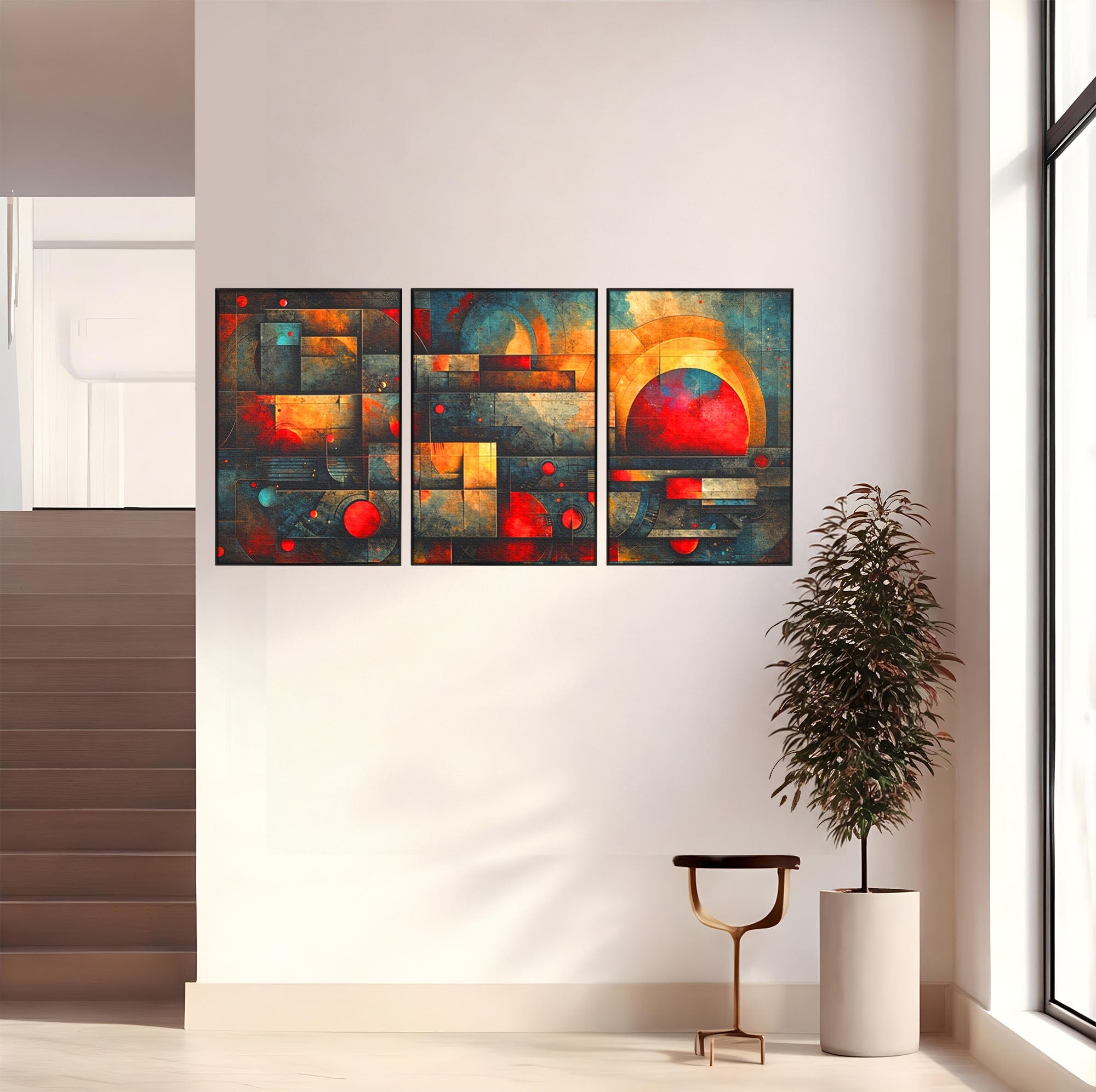 Set 3 Tablouri Canvas Premium LuxCanva® C3-1286, Cosmologii Urbane, Geometrie, Culori, Abstract, Cercuri, Arc, Rosu, Foc, Jar, Industrial, Ocru, Contrast, Echilibru, Modern, Birou, Living, Dormitor