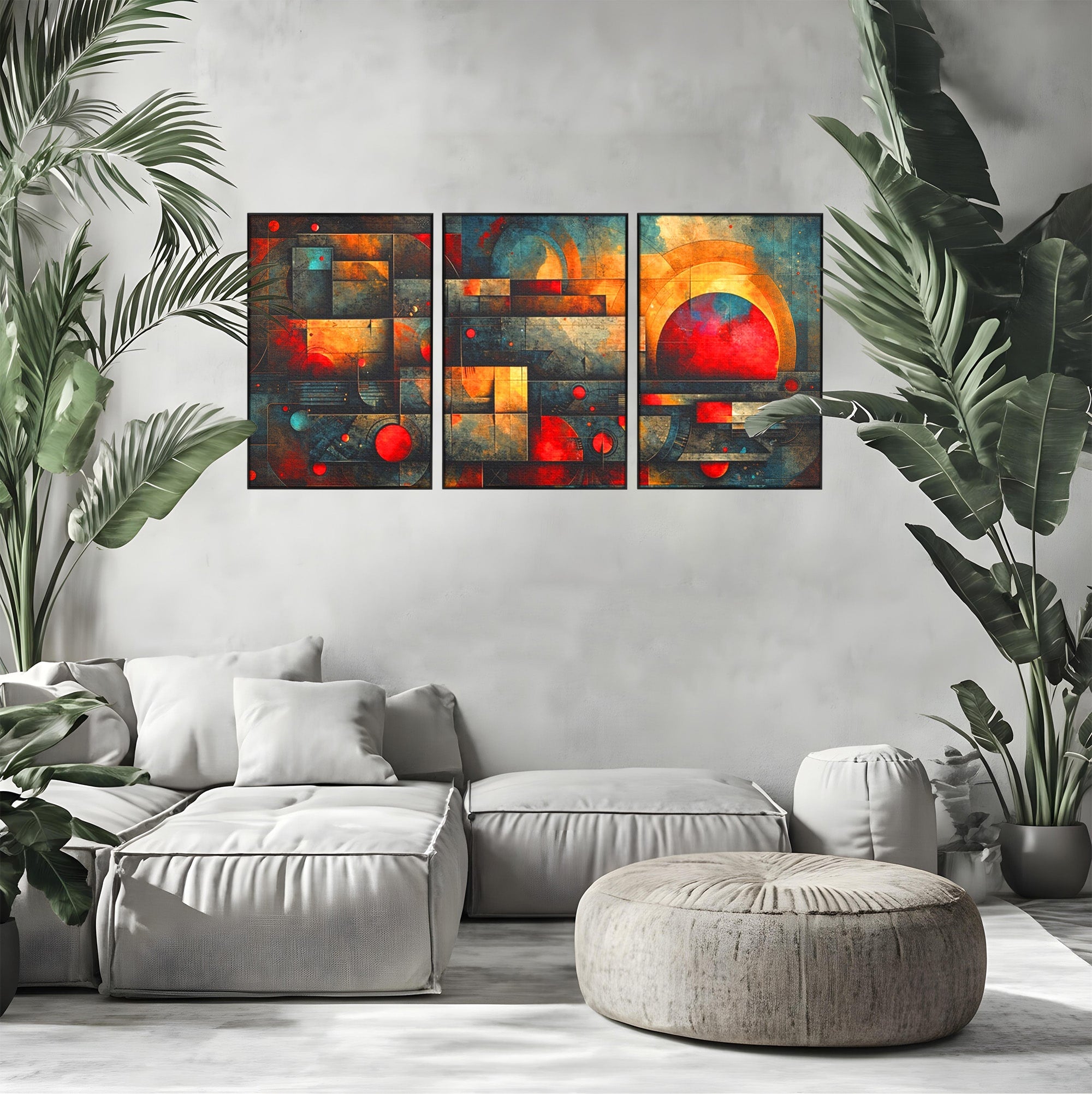 Set 3 Tablouri Canvas Premium LuxCanva® C3-1286, Cosmologii Urbane, Geometrie, Culori, Abstract, Cercuri, Arc, Rosu, Foc, Jar, Industrial, Ocru, Contrast, Echilibru, Modern, Birou, Living, Dormitor