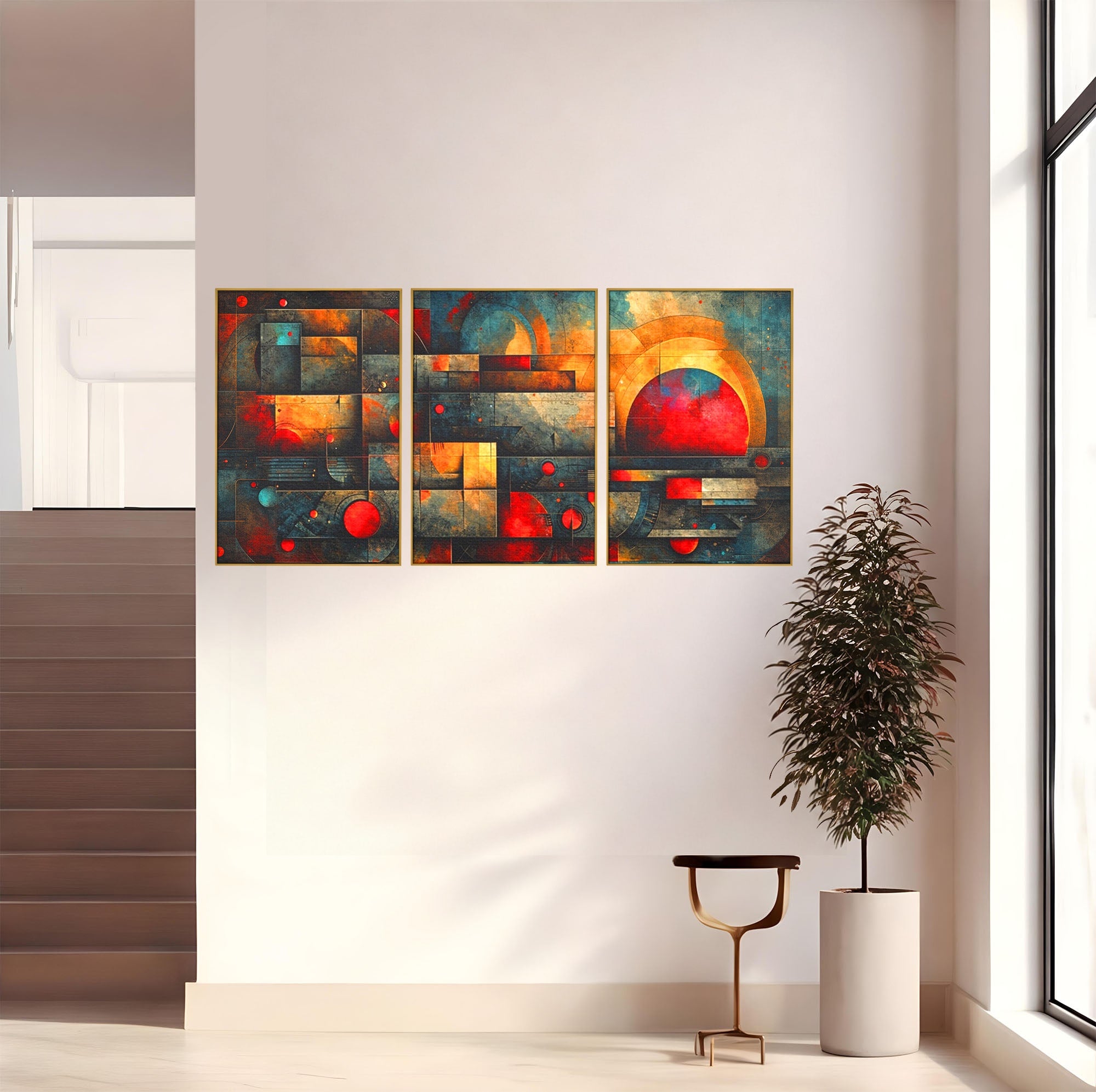 Set 3 Tablouri Canvas Premium LuxCanva® C3-1286, Cosmologii Urbane, Geometrie, Culori, Abstract, Cercuri, Arc, Rosu, Foc, Jar, Industrial, Ocru, Contrast, Echilibru, Modern, Birou, Living, Dormitor
