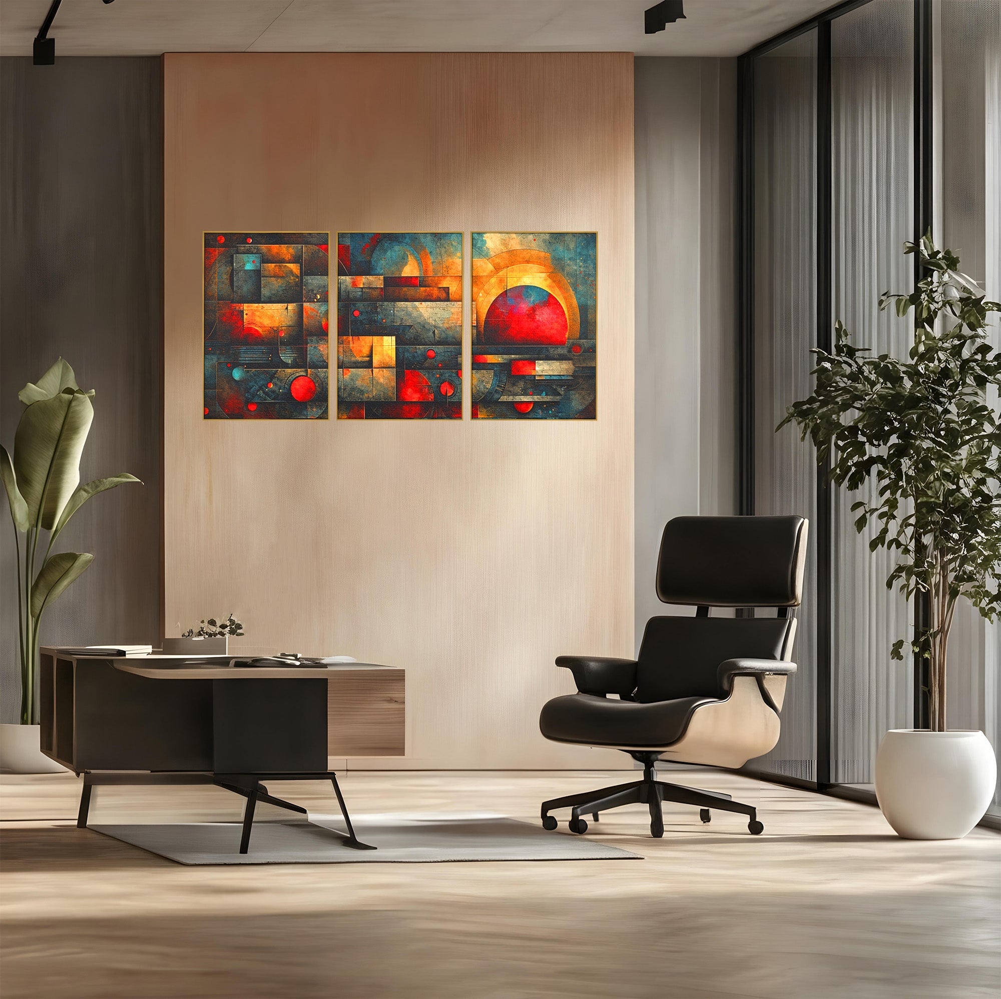 Set 3 Tablouri Canvas Premium LuxCanva® C3-1286, Cosmologii Urbane, Geometrie, Culori, Abstract, Cercuri, Arc, Rosu, Foc, Jar, Industrial, Ocru, Contrast, Echilibru, Modern, Birou, Living, Dormitor
