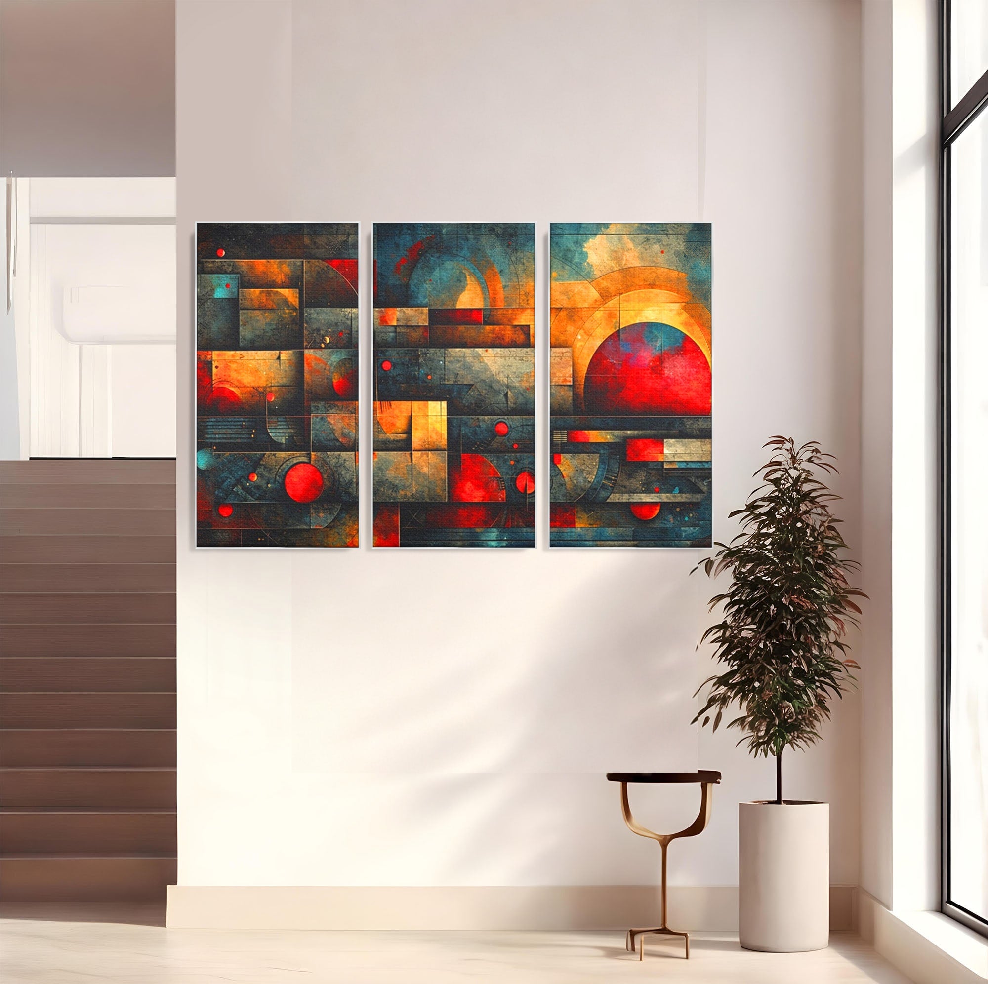 Set 3 Tablouri Canvas Premium LuxCanva® C3-1286, Cosmologii Urbane, Geometrie, Culori, Abstract, Cercuri, Arc, Rosu, Foc, Jar, Industrial, Ocru, Contrast, Echilibru, Modern, Birou, Living, Dormitor