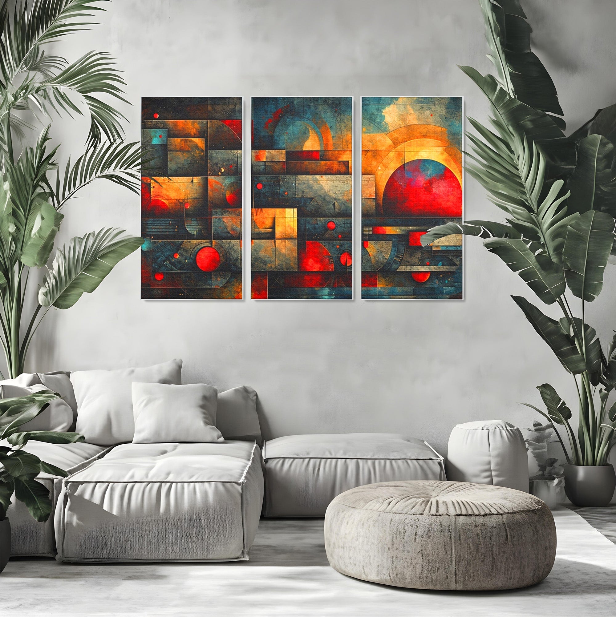 Set 3 Tablouri Canvas Premium LuxCanva® C3-1286, Cosmologii Urbane, Geometrie, Culori, Abstract, Cercuri, Arc, Rosu, Foc, Jar, Industrial, Ocru, Contrast, Echilibru, Modern, Birou, Living, Dormitor
