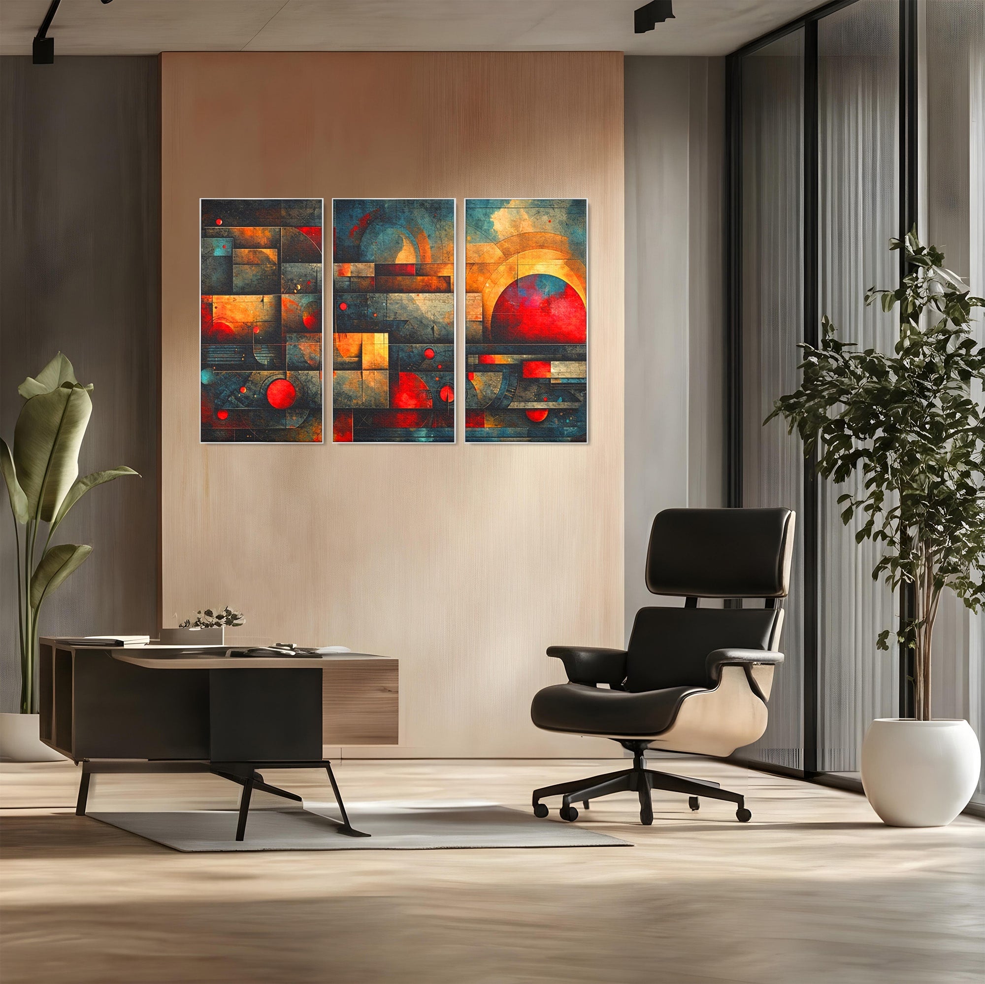 Set 3 Tablouri Canvas Premium LuxCanva® C3-1286, Cosmologii Urbane, Geometrie, Culori, Abstract, Cercuri, Arc, Rosu, Foc, Jar, Industrial, Ocru, Contrast, Echilibru, Modern, Birou, Living, Dormitor
