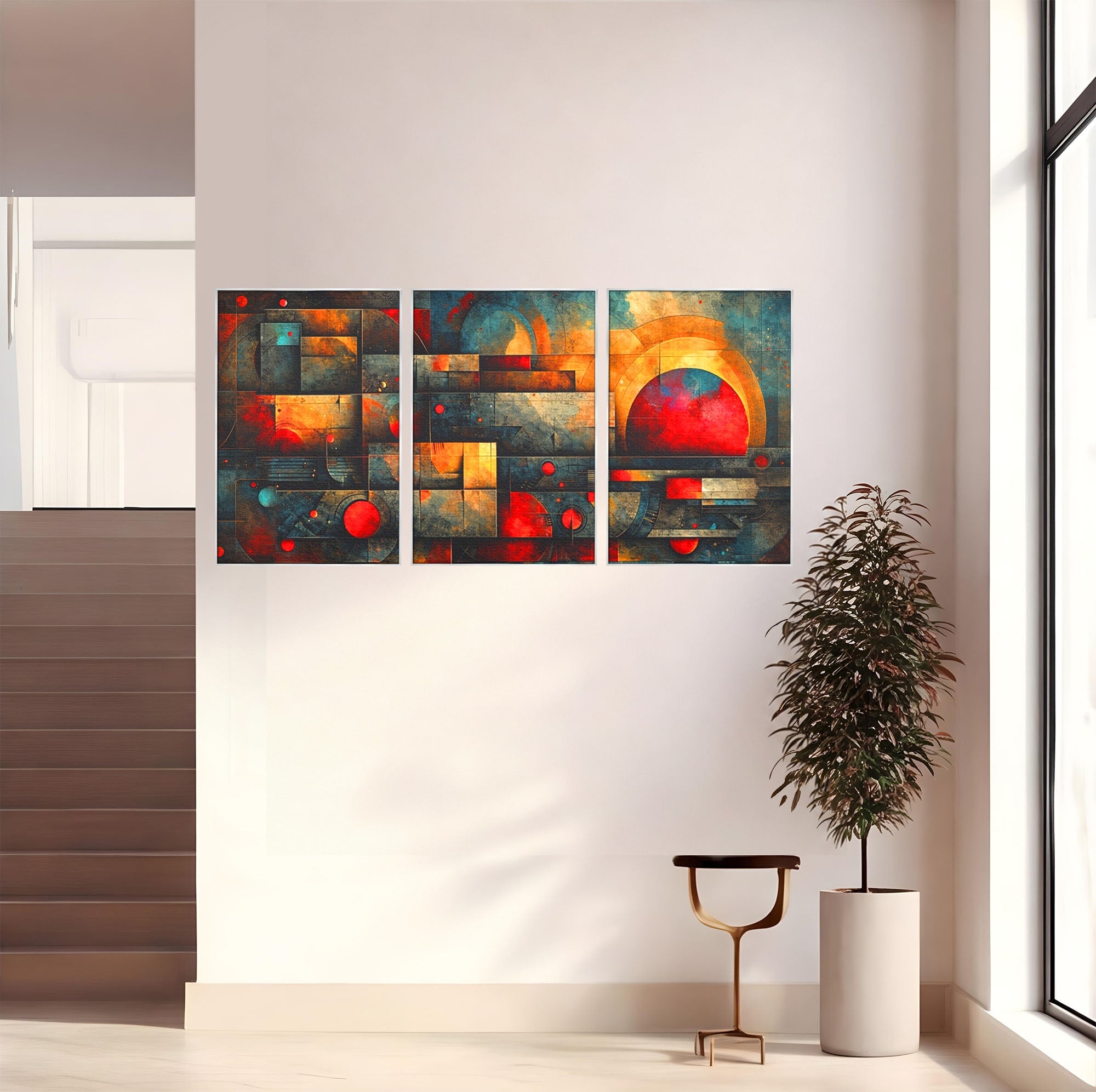 Set 3 Tablouri Canvas Premium LuxCanva® C3-1286, Cosmologii Urbane, Geometrie, Culori, Abstract, Cercuri, Arc, Rosu, Foc, Jar, Industrial, Ocru, Contrast, Echilibru, Modern, Birou, Living, Dormitor