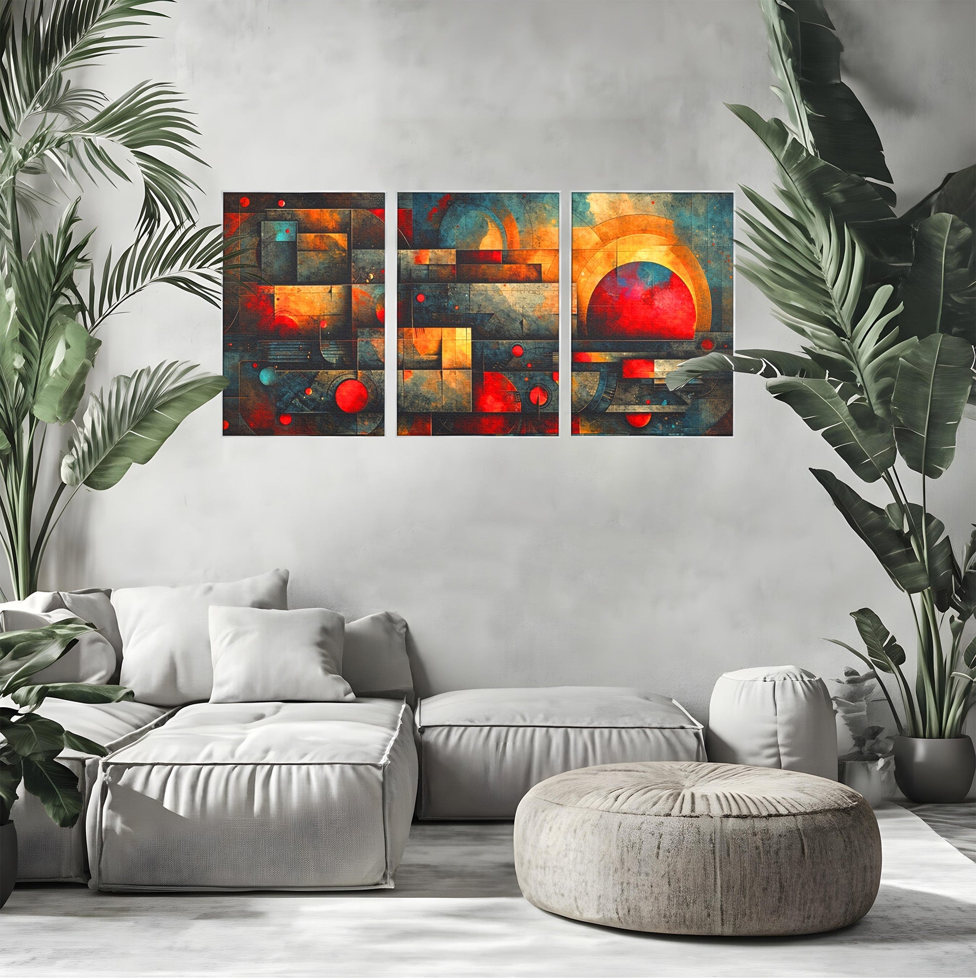 Set 3 Tablouri Canvas Premium LuxCanva® C3-1286, Cosmologii Urbane, Geometrie, Culori, Abstract, Cercuri, Arc, Rosu, Foc, Jar, Industrial, Ocru, Contrast, Echilibru, Modern, Birou, Living, Dormitor