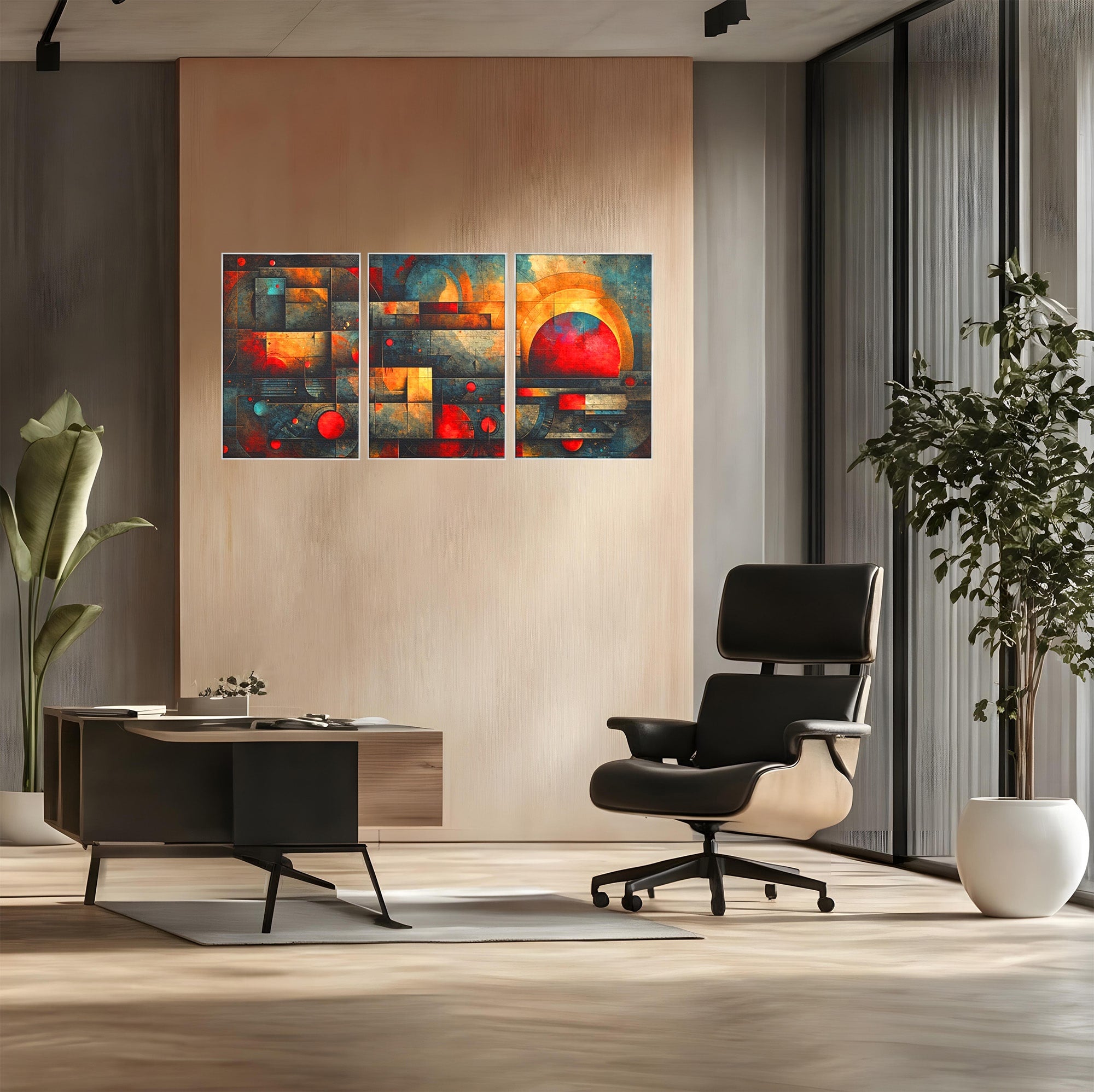 Set 3 Tablouri Canvas Premium LuxCanva® C3-1286, Cosmologii Urbane, Geometrie, Culori, Abstract, Cercuri, Arc, Rosu, Foc, Jar, Industrial, Ocru, Contrast, Echilibru, Modern, Birou, Living, Dormitor
