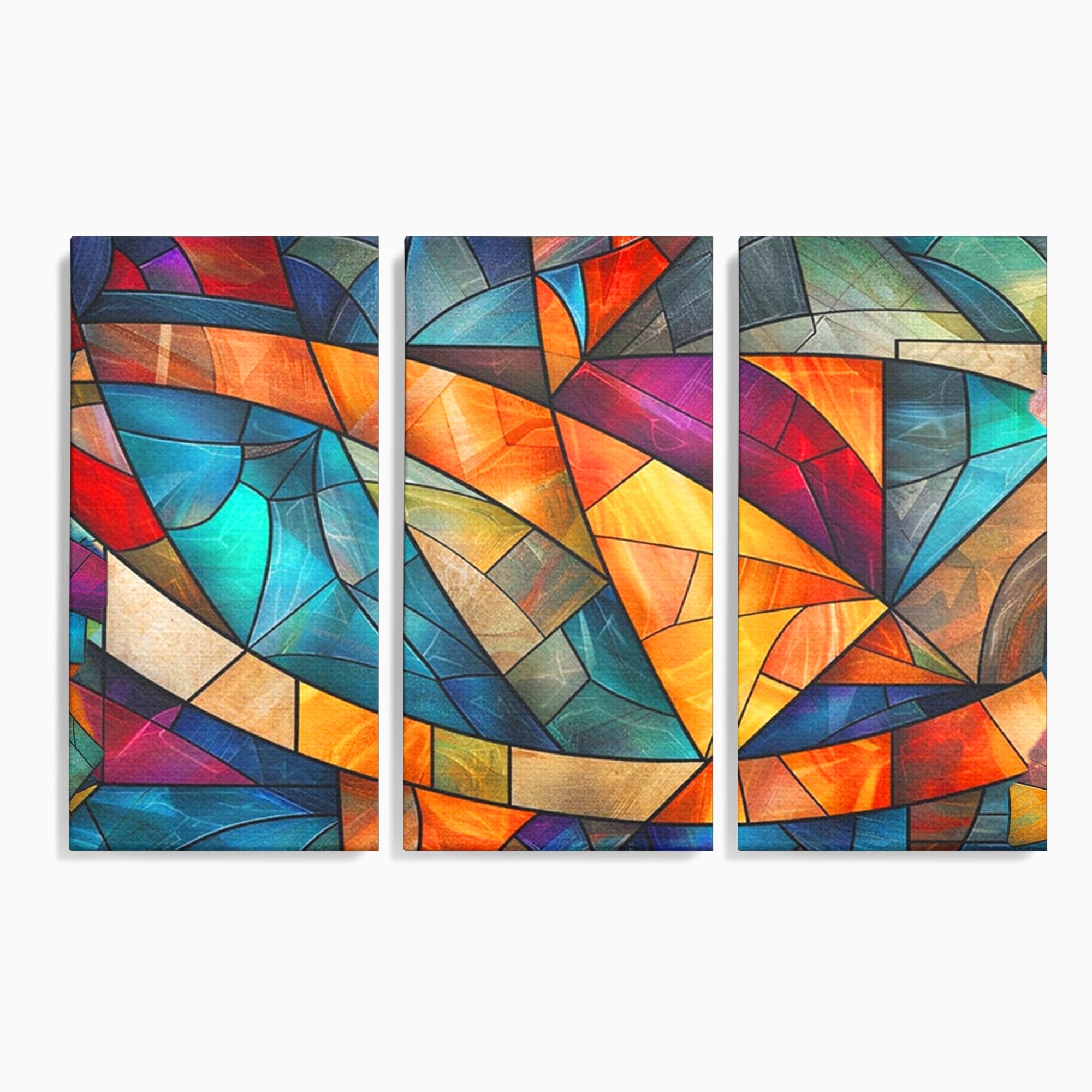 Set 3 Tablouri Canvas Premium LuxCanva® C3-1287, Vitralii Interioare, Geometrie, Culori, Abstract, Mozaic, Vitraliu, Fluid, Lumina, Arc, Val, Transparenta, Armonie, Expresiv, Curgere, Birou, Living, Dormitor