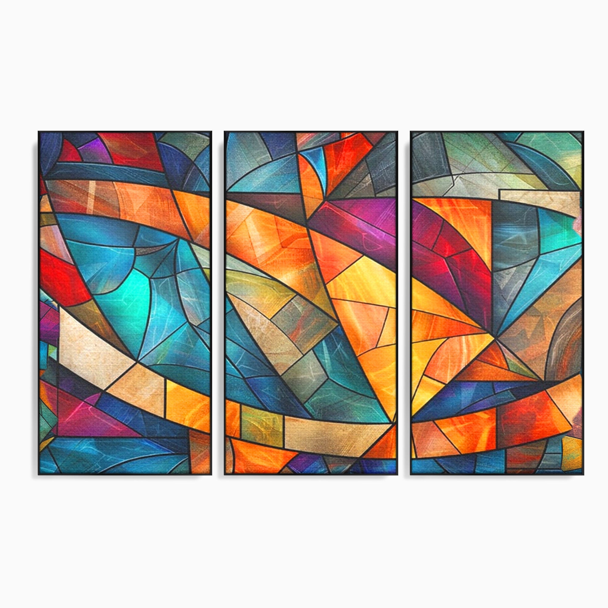 Set 3 Tablouri Canvas Premium LuxCanva® C3-1287, Vitralii Interioare, Geometrie, Culori, Abstract, Mozaic, Vitraliu, Fluid, Lumina, Arc, Val, Transparenta, Armonie, Expresiv, Curgere, Birou, Living, Dormitor