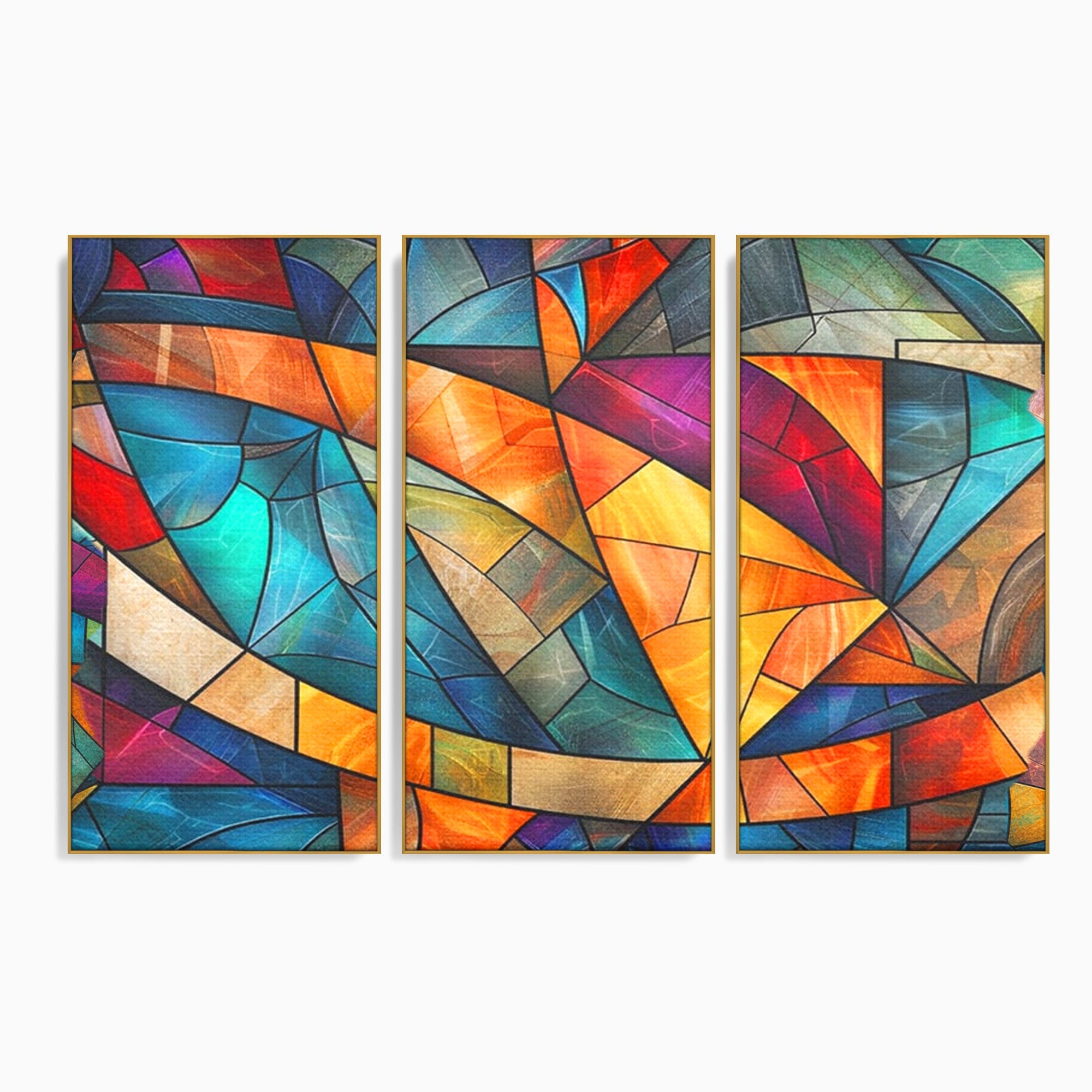 Set 3 Tablouri Canvas Premium LuxCanva® C3-1287, Vitralii Interioare, Geometrie, Culori, Abstract, Mozaic, Vitraliu, Fluid, Lumina, Arc, Val, Transparenta, Armonie, Expresiv, Curgere, Birou, Living, Dormitor