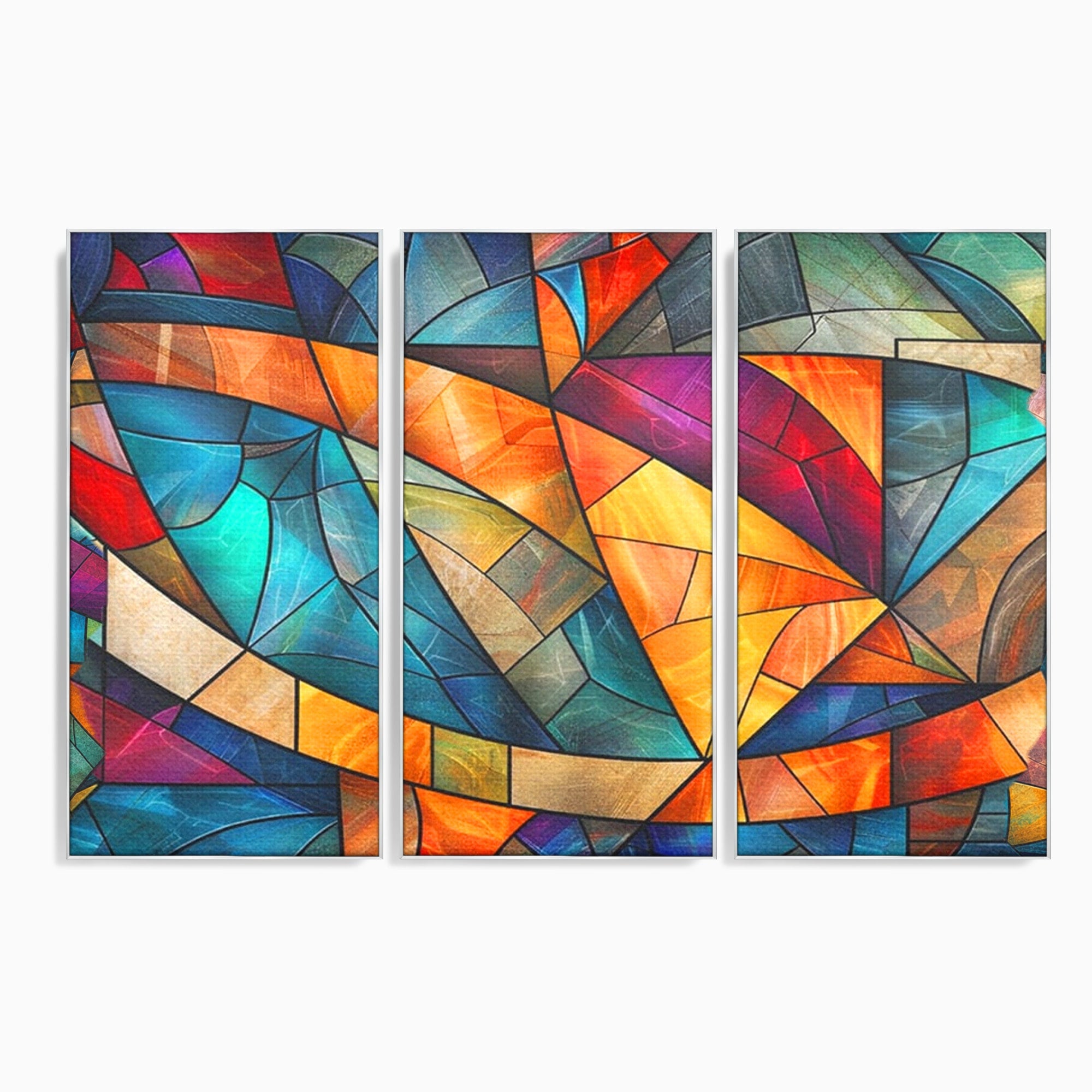 Set 3 Tablouri Canvas Premium LuxCanva® C3-1287, Vitralii Interioare, Geometrie, Culori, Abstract, Mozaic, Vitraliu, Fluid, Lumina, Arc, Val, Transparenta, Armonie, Expresiv, Curgere, Birou, Living, Dormitor