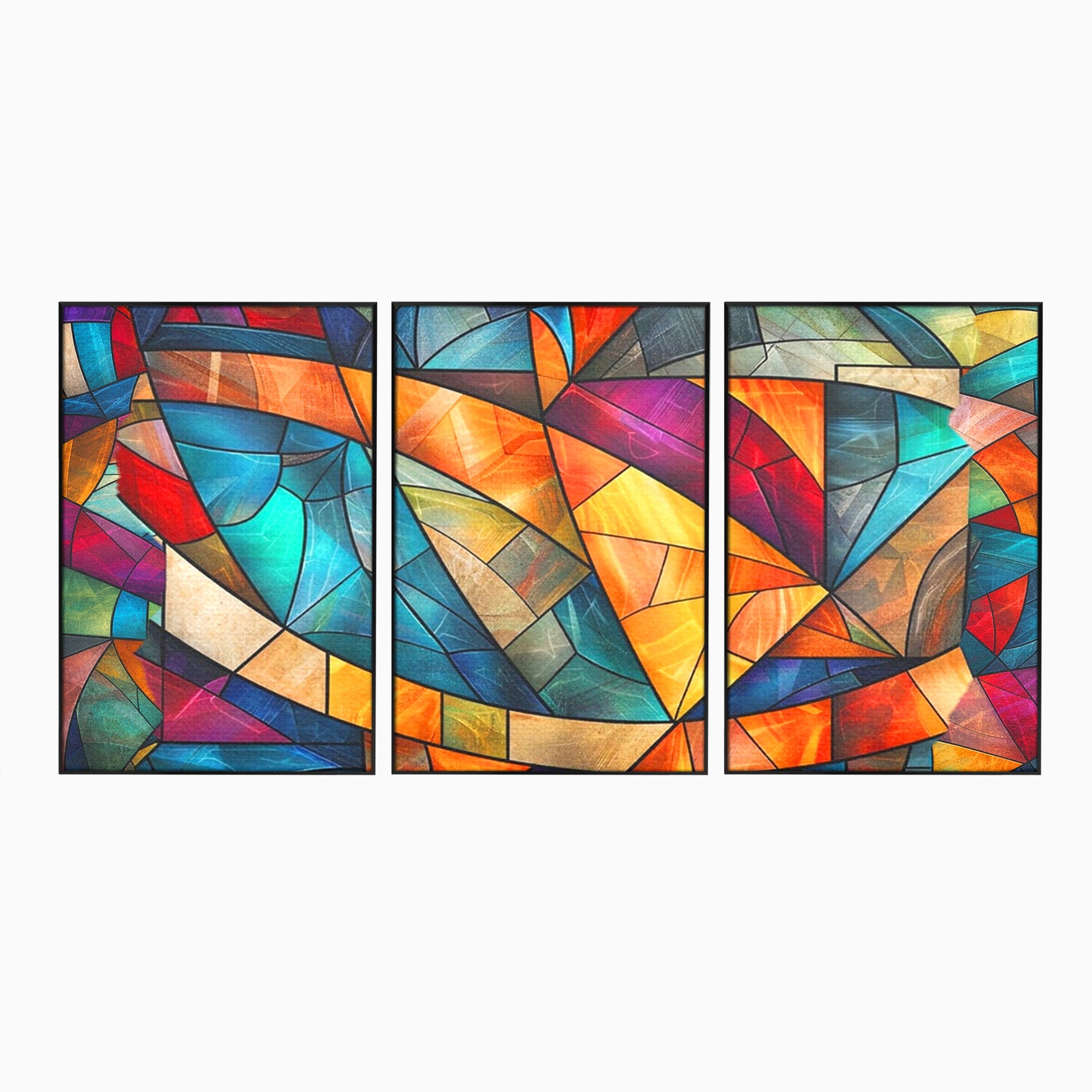 Set 3 Tablouri Canvas Premium LuxCanva® C3-1287, Vitralii Interioare, Geometrie, Culori, Abstract, Mozaic, Vitraliu, Fluid, Lumina, Arc, Val, Transparenta, Armonie, Expresiv, Curgere, Birou, Living, Dormitor