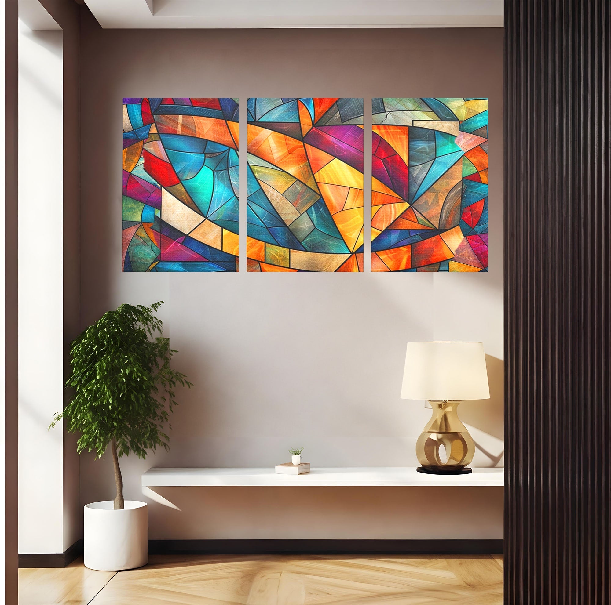 Set 3 Tablouri Canvas Premium LuxCanva® C3-1287, Vitralii Interioare, Geometrie, Culori, Abstract, Mozaic, Vitraliu, Fluid, Lumina, Arc, Val, Transparenta, Armonie, Expresiv, Curgere, Birou, Living, Dormitor