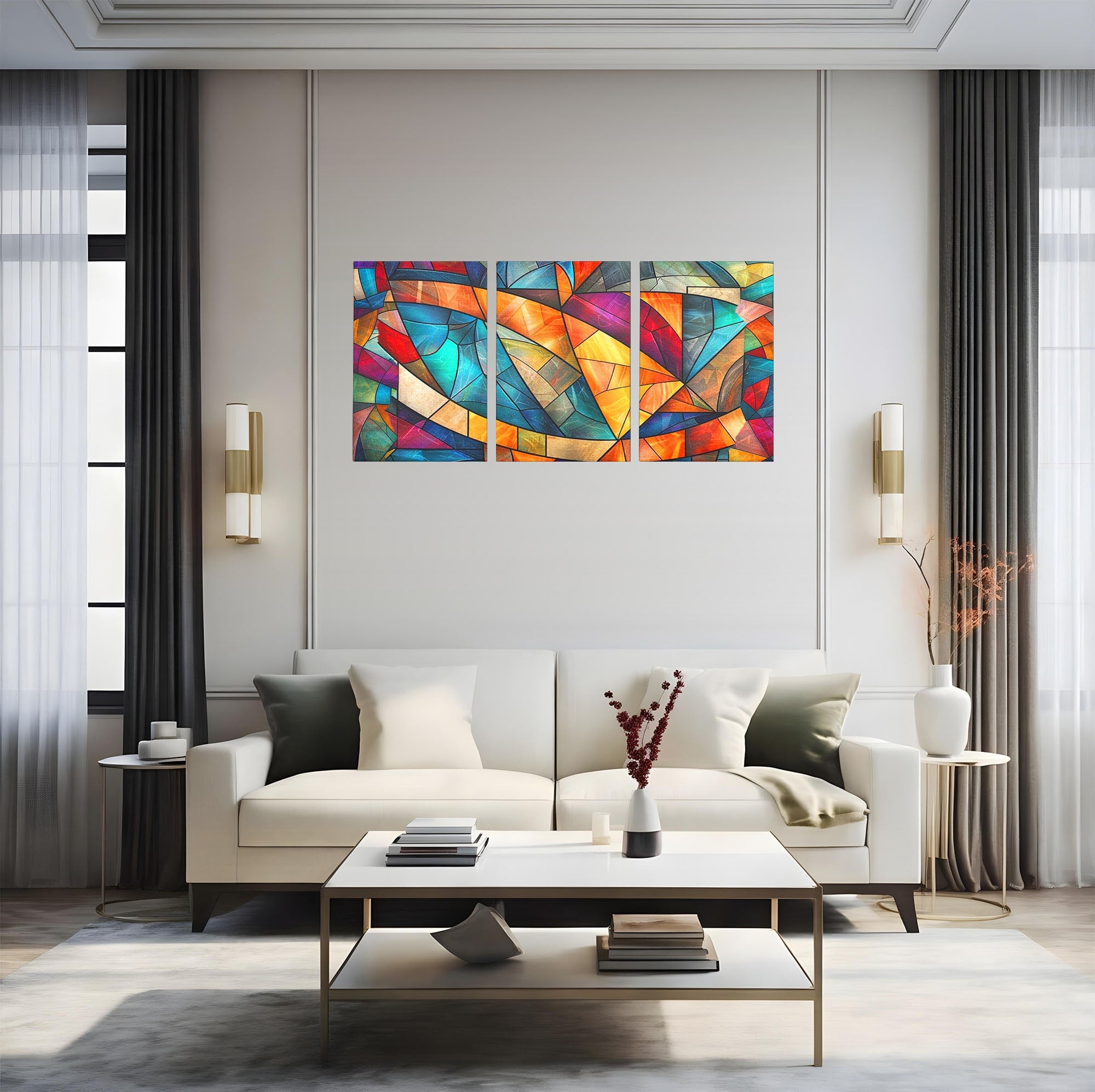 Set 3 Tablouri Canvas Premium LuxCanva® C3-1287, Vitralii Interioare, Geometrie, Culori, Abstract, Mozaic, Vitraliu, Fluid, Lumina, Arc, Val, Transparenta, Armonie, Expresiv, Curgere, Birou, Living, Dormitor