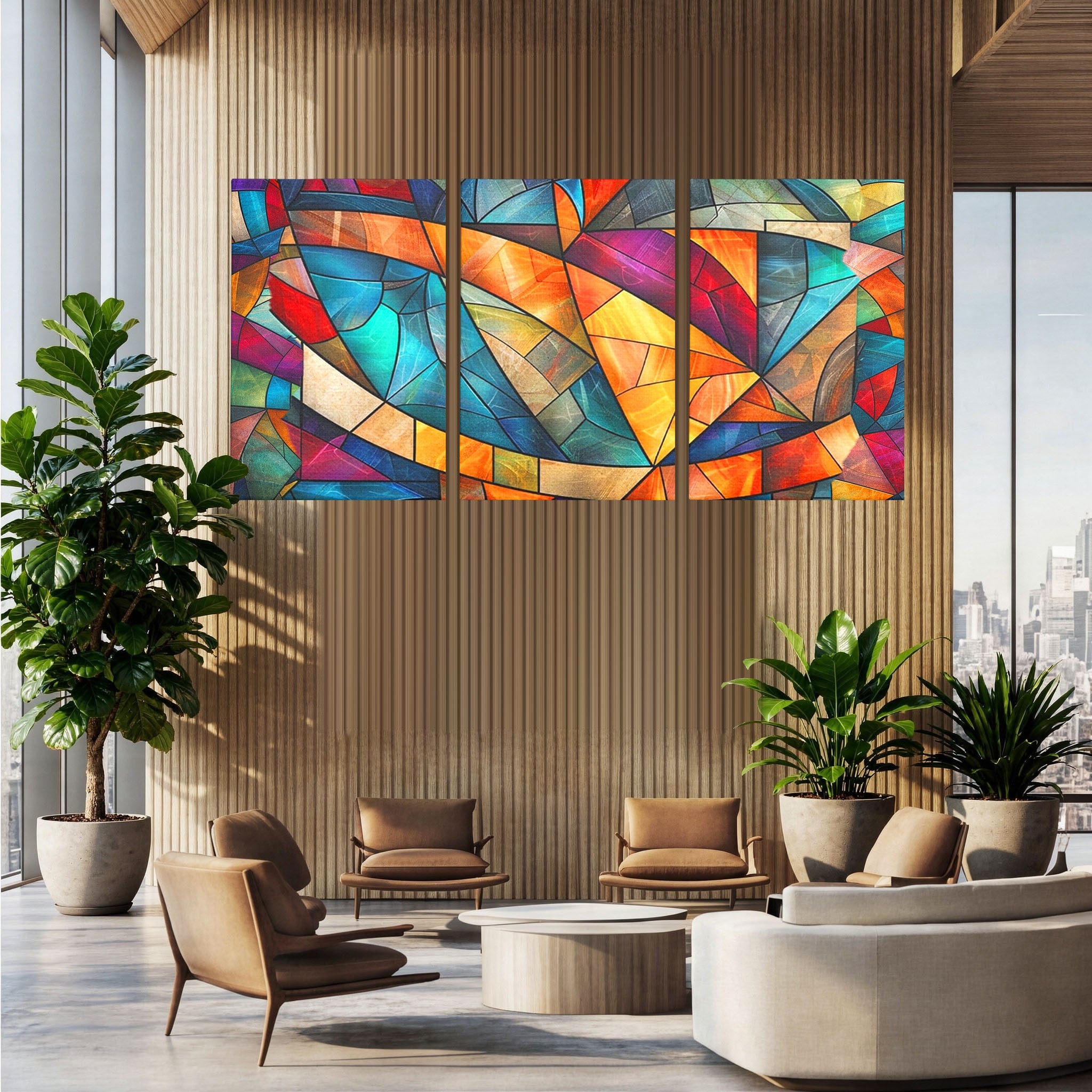 Set 3 Tablouri Canvas Premium LuxCanva® C3-1287, Vitralii Interioare, Geometrie, Culori, Abstract, Mozaic, Vitraliu, Fluid, Lumina, Arc, Val, Transparenta, Armonie, Expresiv, Curgere, Birou, Living, Dormitor