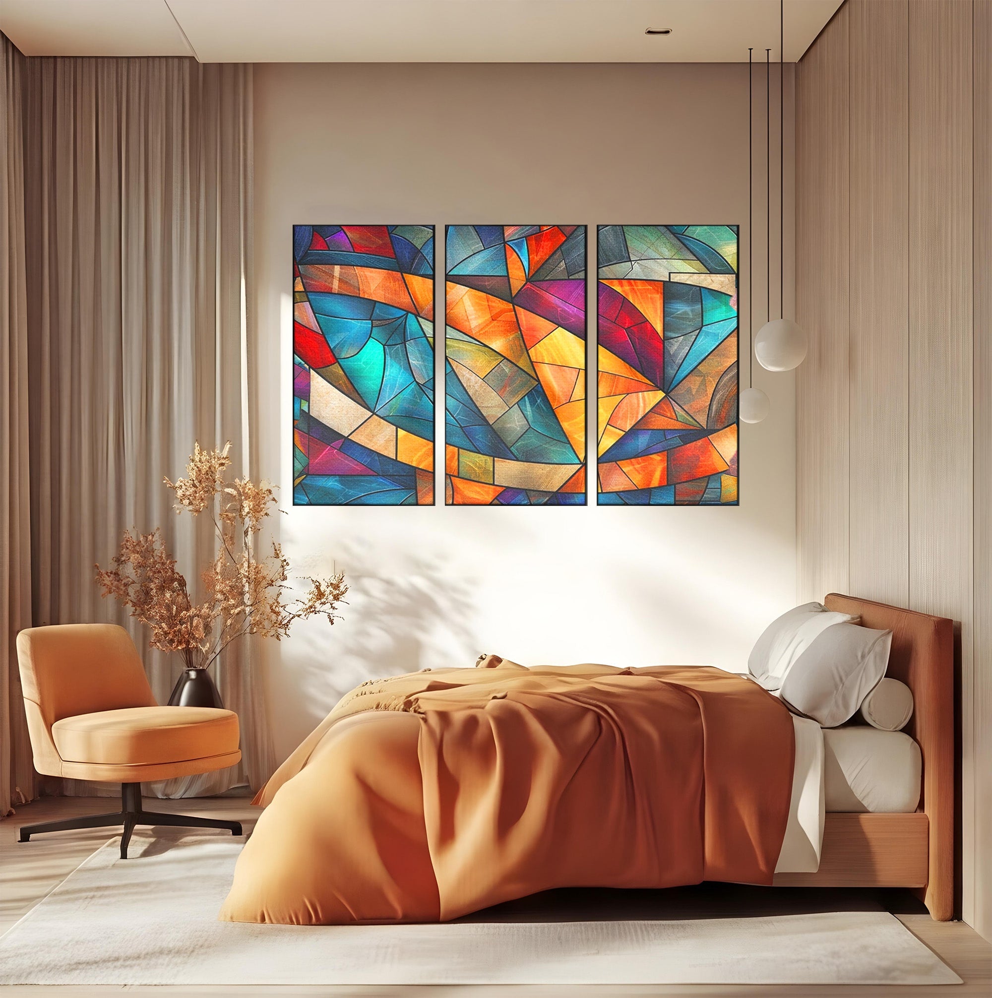 Set 3 Tablouri Canvas Premium LuxCanva® C3-1287, Vitralii Interioare, Geometrie, Culori, Abstract, Mozaic, Vitraliu, Fluid, Lumina, Arc, Val, Transparenta, Armonie, Expresiv, Curgere, Birou, Living, Dormitor