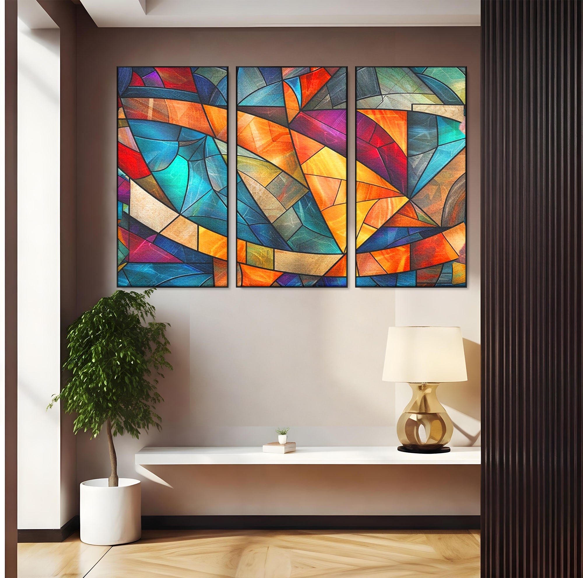 Set 3 Tablouri Canvas Premium LuxCanva® C3-1287, Vitralii Interioare, Geometrie, Culori, Abstract, Mozaic, Vitraliu, Fluid, Lumina, Arc, Val, Transparenta, Armonie, Expresiv, Curgere, Birou, Living, Dormitor