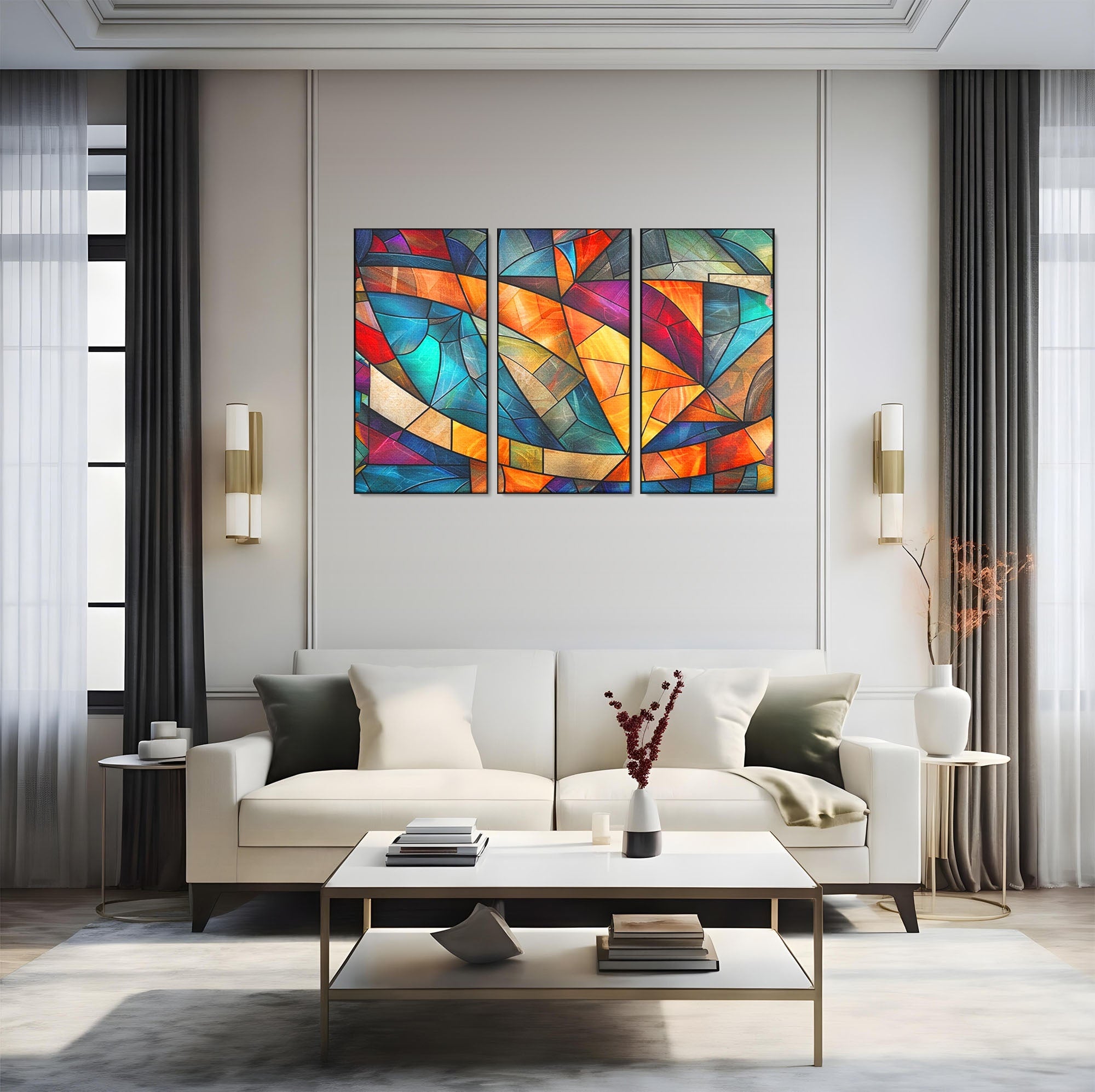 Set 3 Tablouri Canvas Premium LuxCanva® C3-1287, Vitralii Interioare, Geometrie, Culori, Abstract, Mozaic, Vitraliu, Fluid, Lumina, Arc, Val, Transparenta, Armonie, Expresiv, Curgere, Birou, Living, Dormitor