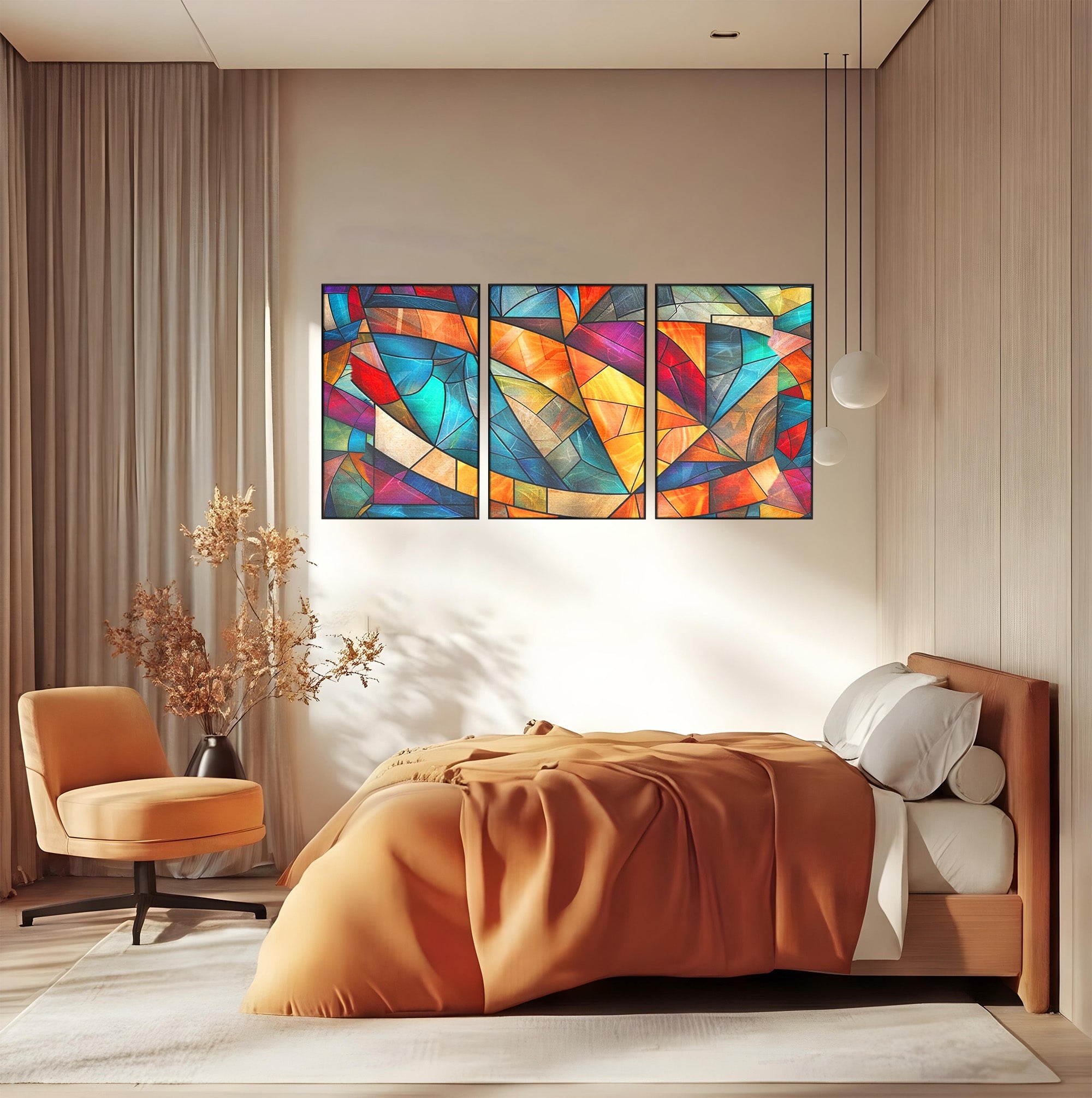 Set 3 Tablouri Canvas Premium LuxCanva® C3-1287, Vitralii Interioare, Geometrie, Culori, Abstract, Mozaic, Vitraliu, Fluid, Lumina, Arc, Val, Transparenta, Armonie, Expresiv, Curgere, Birou, Living, Dormitor