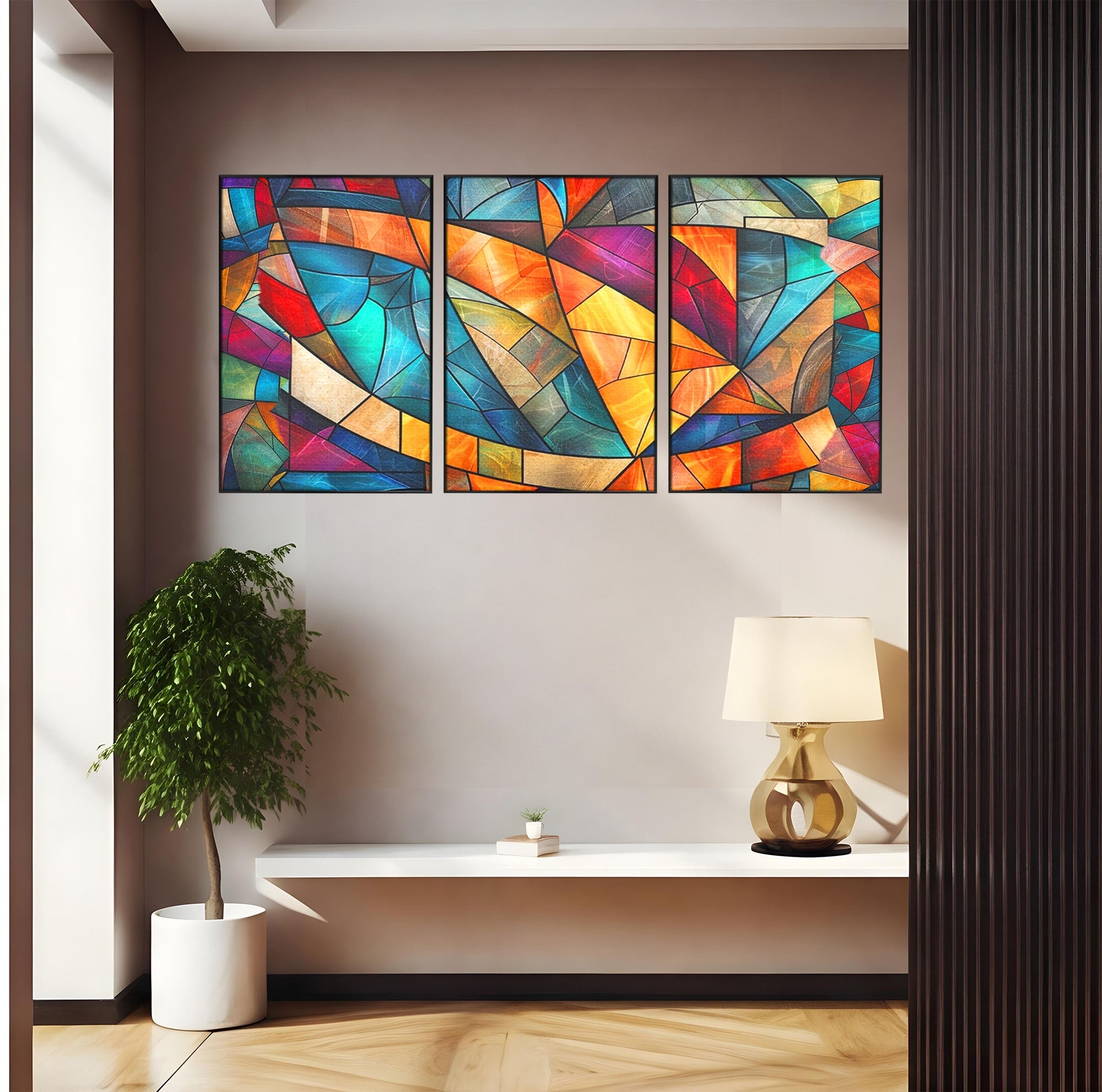 Set 3 Tablouri Canvas Premium LuxCanva® C3-1287, Vitralii Interioare, Geometrie, Culori, Abstract, Mozaic, Vitraliu, Fluid, Lumina, Arc, Val, Transparenta, Armonie, Expresiv, Curgere, Birou, Living, Dormitor