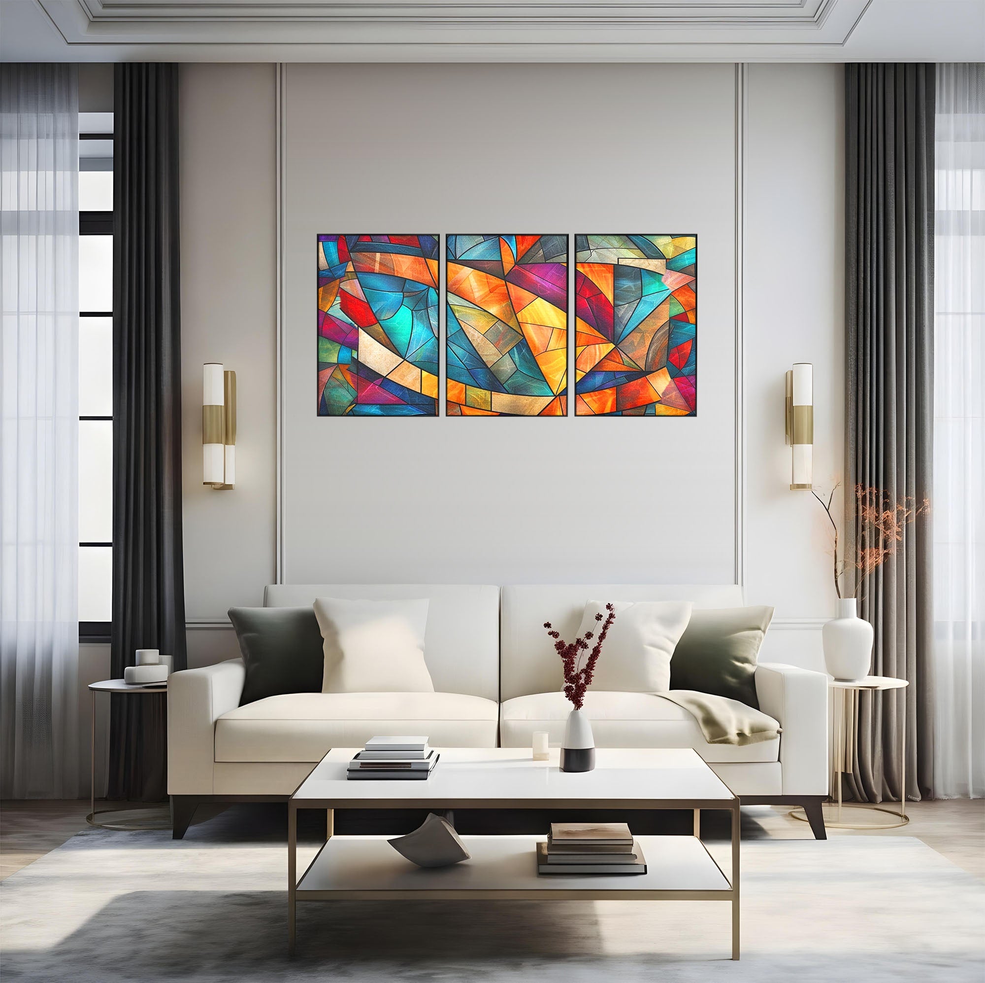 Set 3 Tablouri Canvas Premium LuxCanva® C3-1287, Vitralii Interioare, Geometrie, Culori, Abstract, Mozaic, Vitraliu, Fluid, Lumina, Arc, Val, Transparenta, Armonie, Expresiv, Curgere, Birou, Living, Dormitor