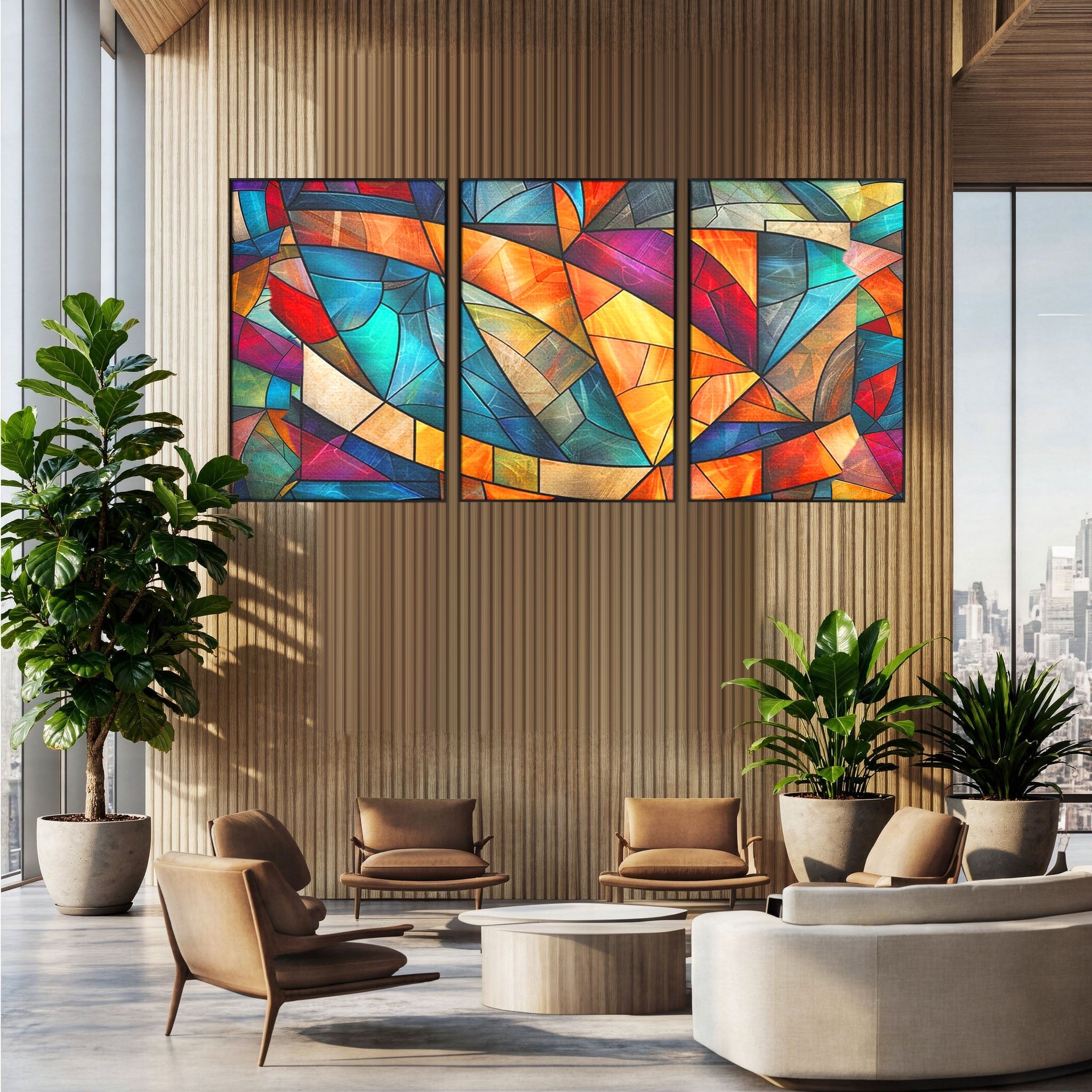 Set 3 Tablouri Canvas Premium LuxCanva® C3-1287, Vitralii Interioare, Geometrie, Culori, Abstract, Mozaic, Vitraliu, Fluid, Lumina, Arc, Val, Transparenta, Armonie, Expresiv, Curgere, Birou, Living, Dormitor
