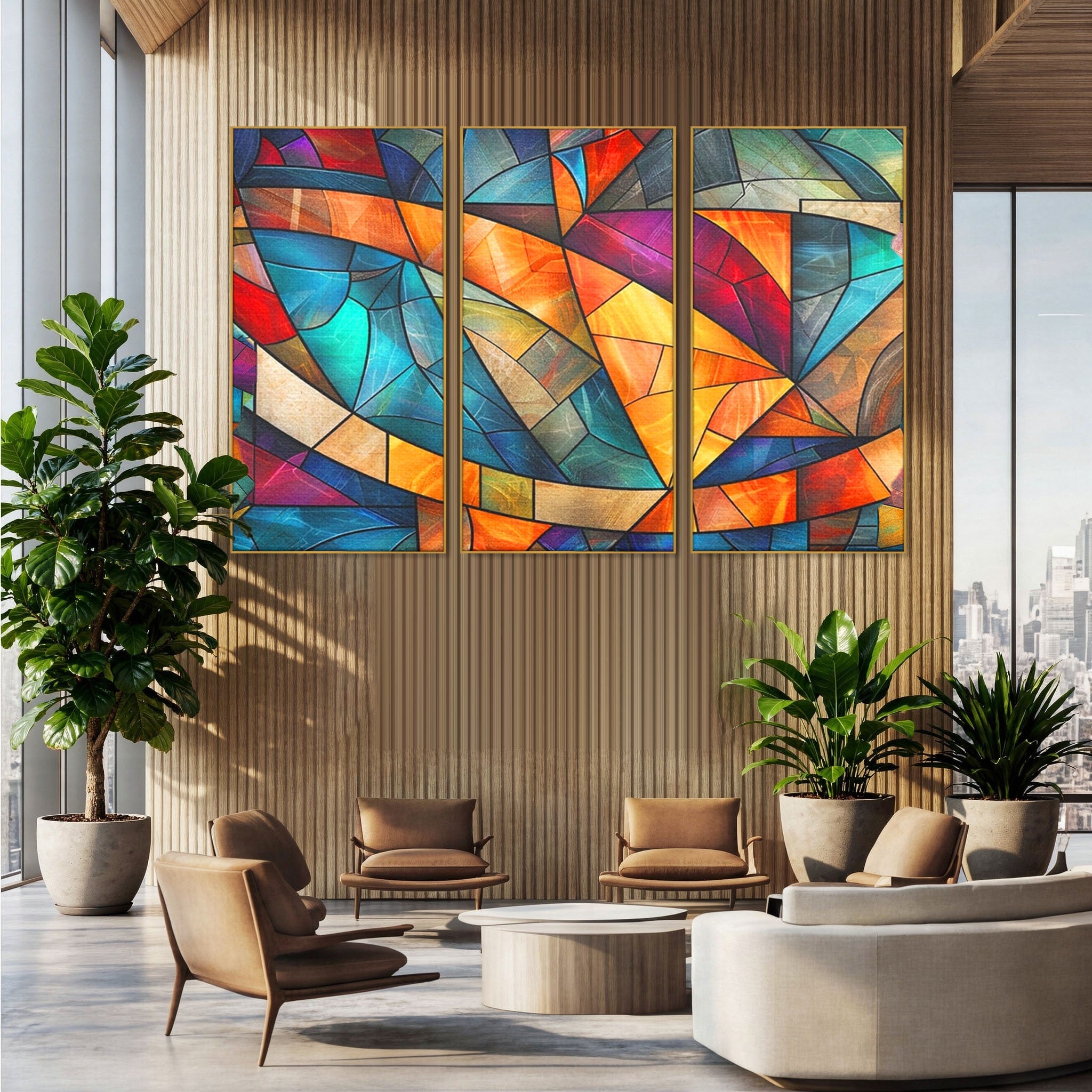 Set 3 Tablouri Canvas Premium LuxCanva® C3-1287, Vitralii Interioare, Geometrie, Culori, Abstract, Mozaic, Vitraliu, Fluid, Lumina, Arc, Val, Transparenta, Armonie, Expresiv, Curgere, Birou, Living, Dormitor