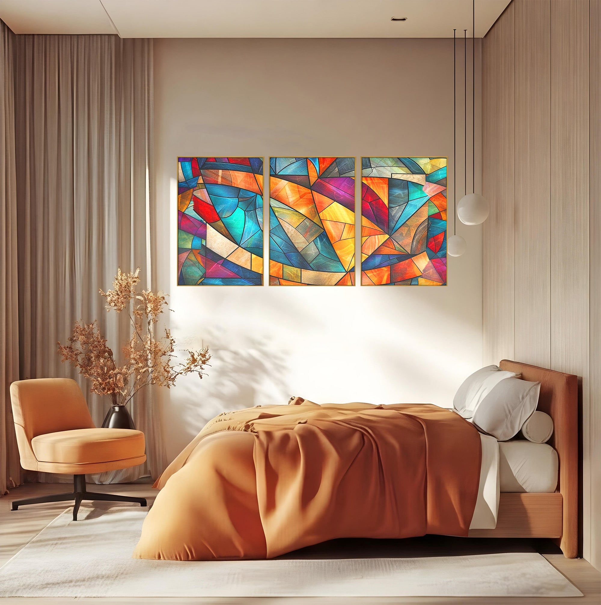 Set 3 Tablouri Canvas Premium LuxCanva® C3-1287, Vitralii Interioare, Geometrie, Culori, Abstract, Mozaic, Vitraliu, Fluid, Lumina, Arc, Val, Transparenta, Armonie, Expresiv, Curgere, Birou, Living, Dormitor