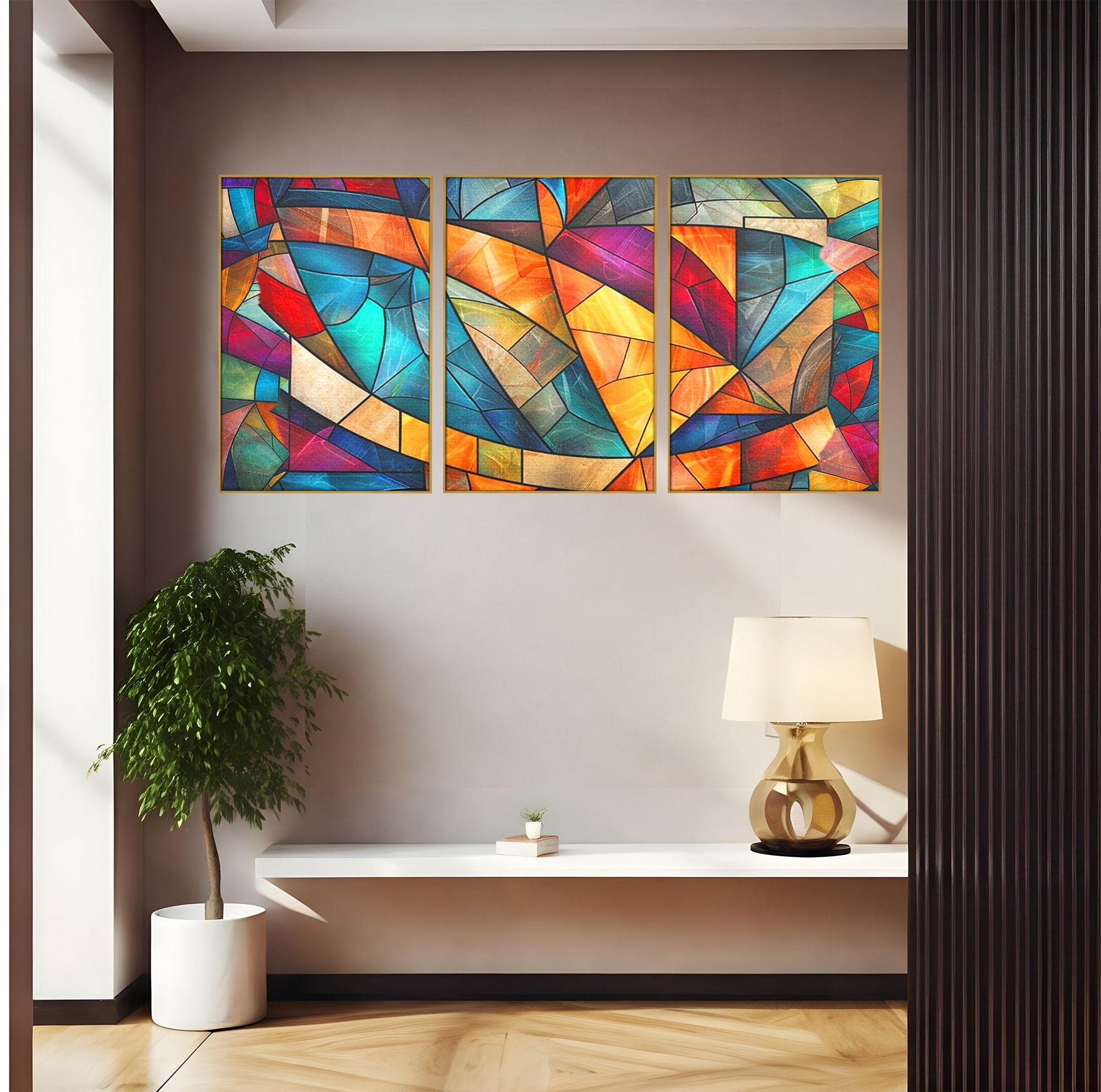 Set 3 Tablouri Canvas Premium LuxCanva® C3-1287, Vitralii Interioare, Geometrie, Culori, Abstract, Mozaic, Vitraliu, Fluid, Lumina, Arc, Val, Transparenta, Armonie, Expresiv, Curgere, Birou, Living, Dormitor