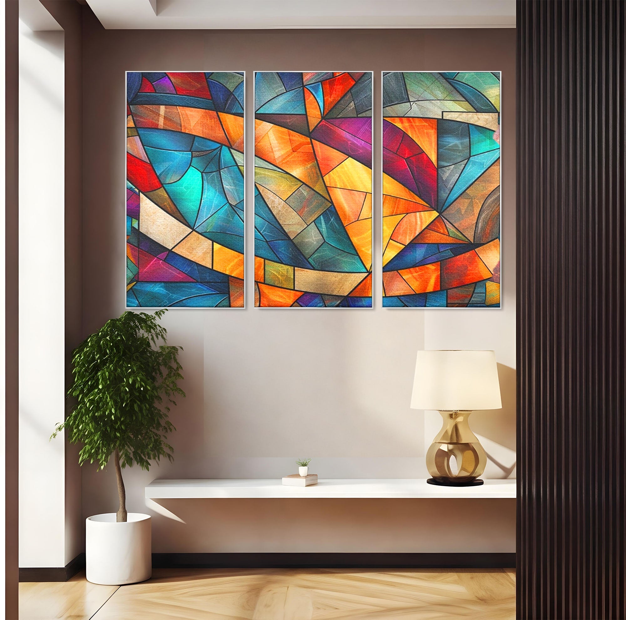 Set 3 Tablouri Canvas Premium LuxCanva® C3-1287, Vitralii Interioare, Geometrie, Culori, Abstract, Mozaic, Vitraliu, Fluid, Lumina, Arc, Val, Transparenta, Armonie, Expresiv, Curgere, Birou, Living, Dormitor