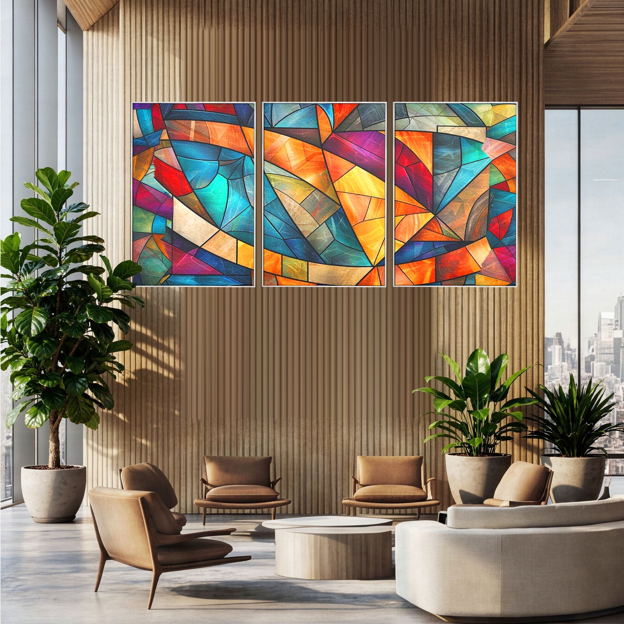 Set 3 Tablouri Canvas Premium LuxCanva® C3-1287, Vitralii Interioare, Geometrie, Culori, Abstract, Mozaic, Vitraliu, Fluid, Lumina, Arc, Val, Transparenta, Armonie, Expresiv, Curgere, Birou, Living, Dormitor