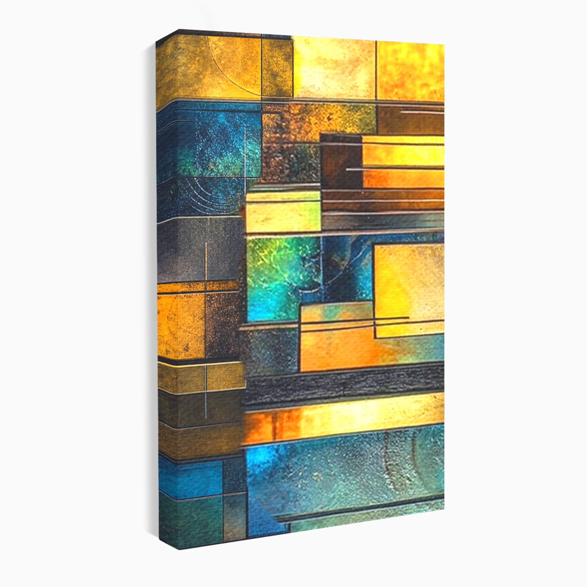 Set 3 Tablouri Canvas Premium LuxCanva® C3-1288, Orase Nevazute, Geometrie, Culori, Abstract, Aur, Turcoaz, Metal, Apa, Memorii, Liniste, Planuri, Timp, Harti, Fragment, Orizont, Birou, Living, Dormitor