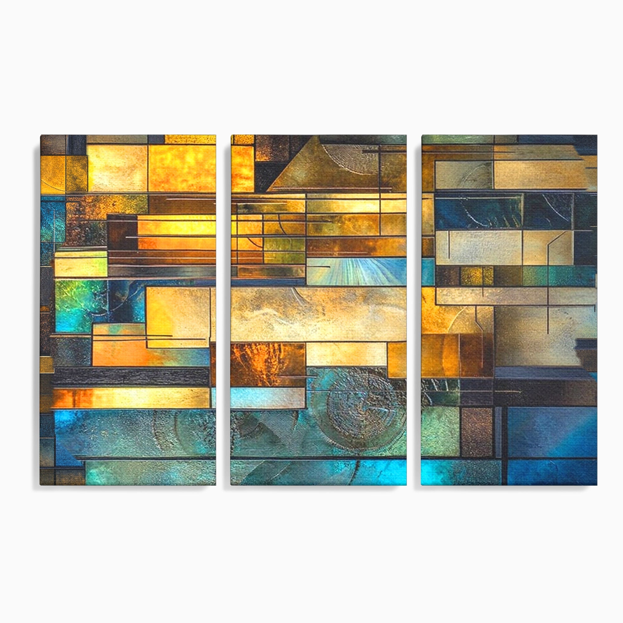Set 3 Tablouri Canvas Premium LuxCanva® C3-1288, Orase Nevazute, Geometrie, Culori, Abstract, Aur, Turcoaz, Metal, Apa, Memorii, Liniste, Planuri, Timp, Harti, Fragment, Orizont, Birou, Living, Dormitor