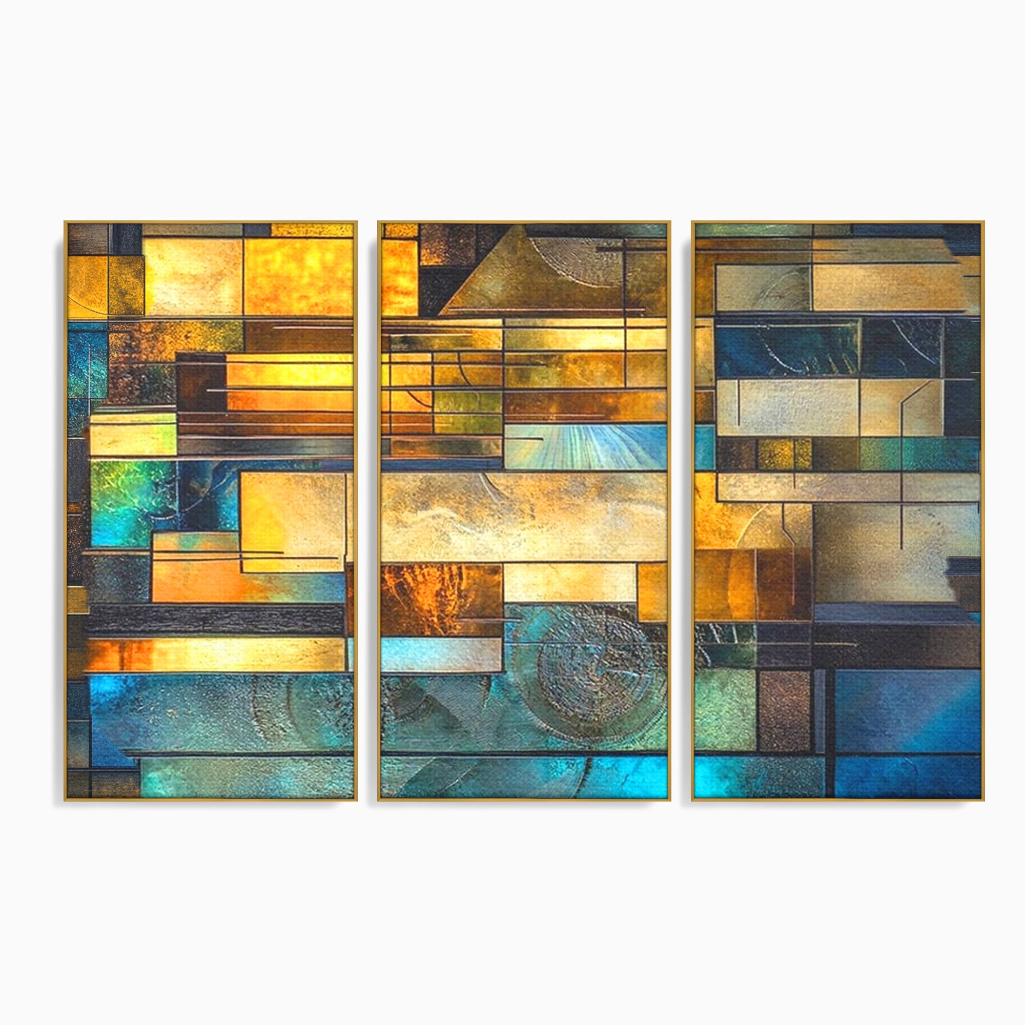 Set 3 Tablouri Canvas Premium LuxCanva® C3-1288, Orase Nevazute, Geometrie, Culori, Abstract, Aur, Turcoaz, Metal, Apa, Memorii, Liniste, Planuri, Timp, Harti, Fragment, Orizont, Birou, Living, Dormitor