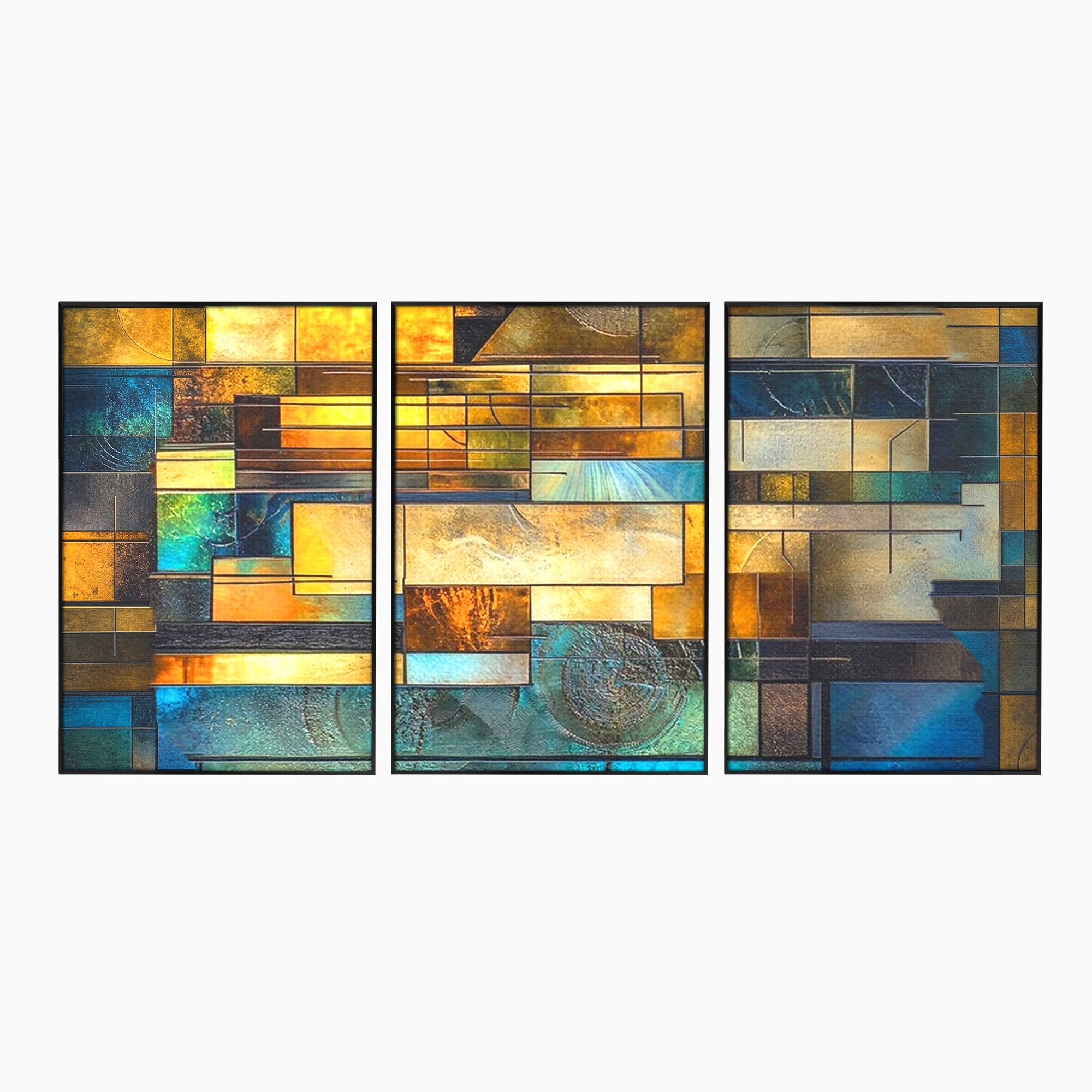 Set 3 Tablouri Canvas Premium LuxCanva® C3-1288, Orase Nevazute, Geometrie, Culori, Abstract, Aur, Turcoaz, Metal, Apa, Memorii, Liniste, Planuri, Timp, Harti, Fragment, Orizont, Birou, Living, Dormitor