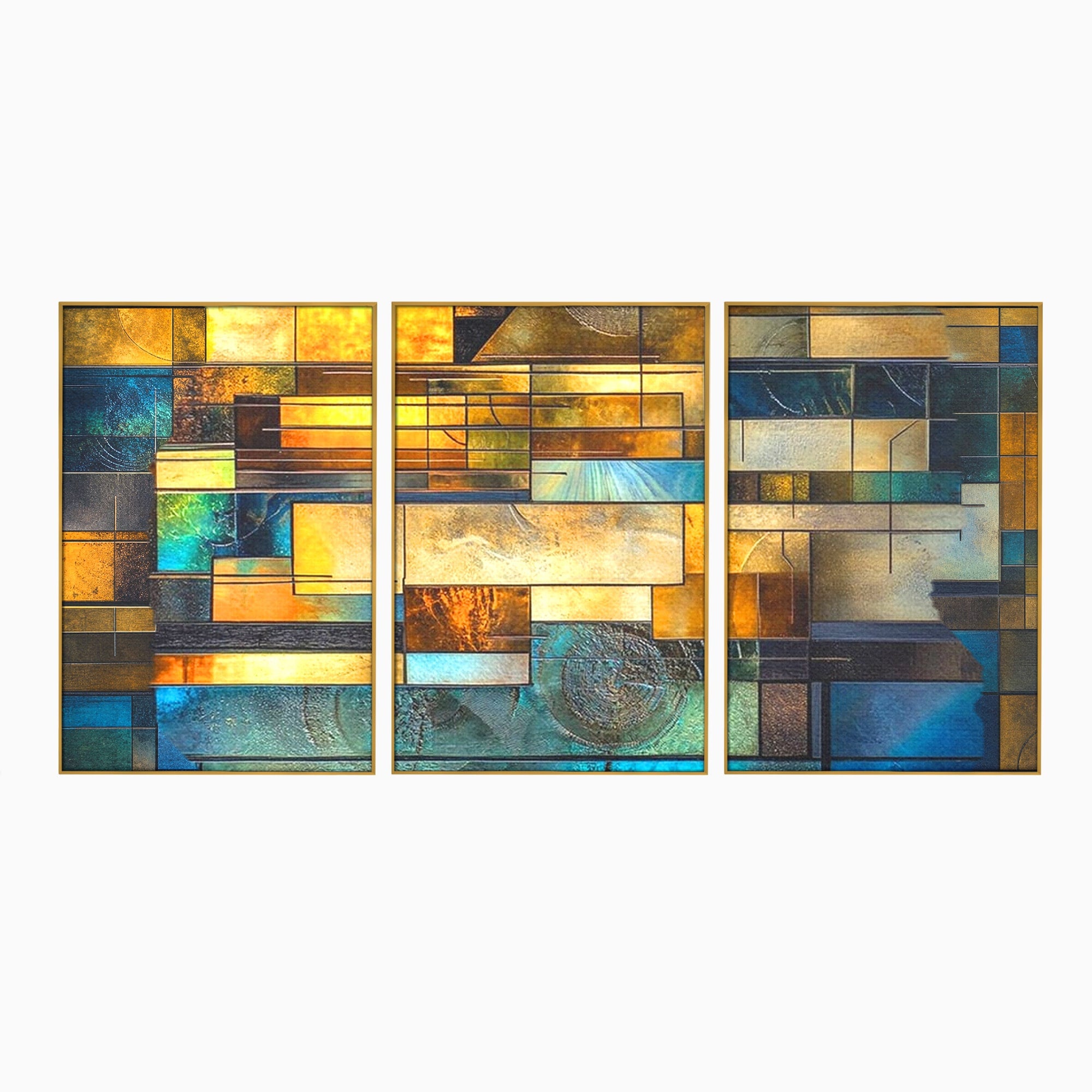 Set 3 Tablouri Canvas Premium LuxCanva® C3-1288, Orase Nevazute, Geometrie, Culori, Abstract, Aur, Turcoaz, Metal, Apa, Memorii, Liniste, Planuri, Timp, Harti, Fragment, Orizont, Birou, Living, Dormitor