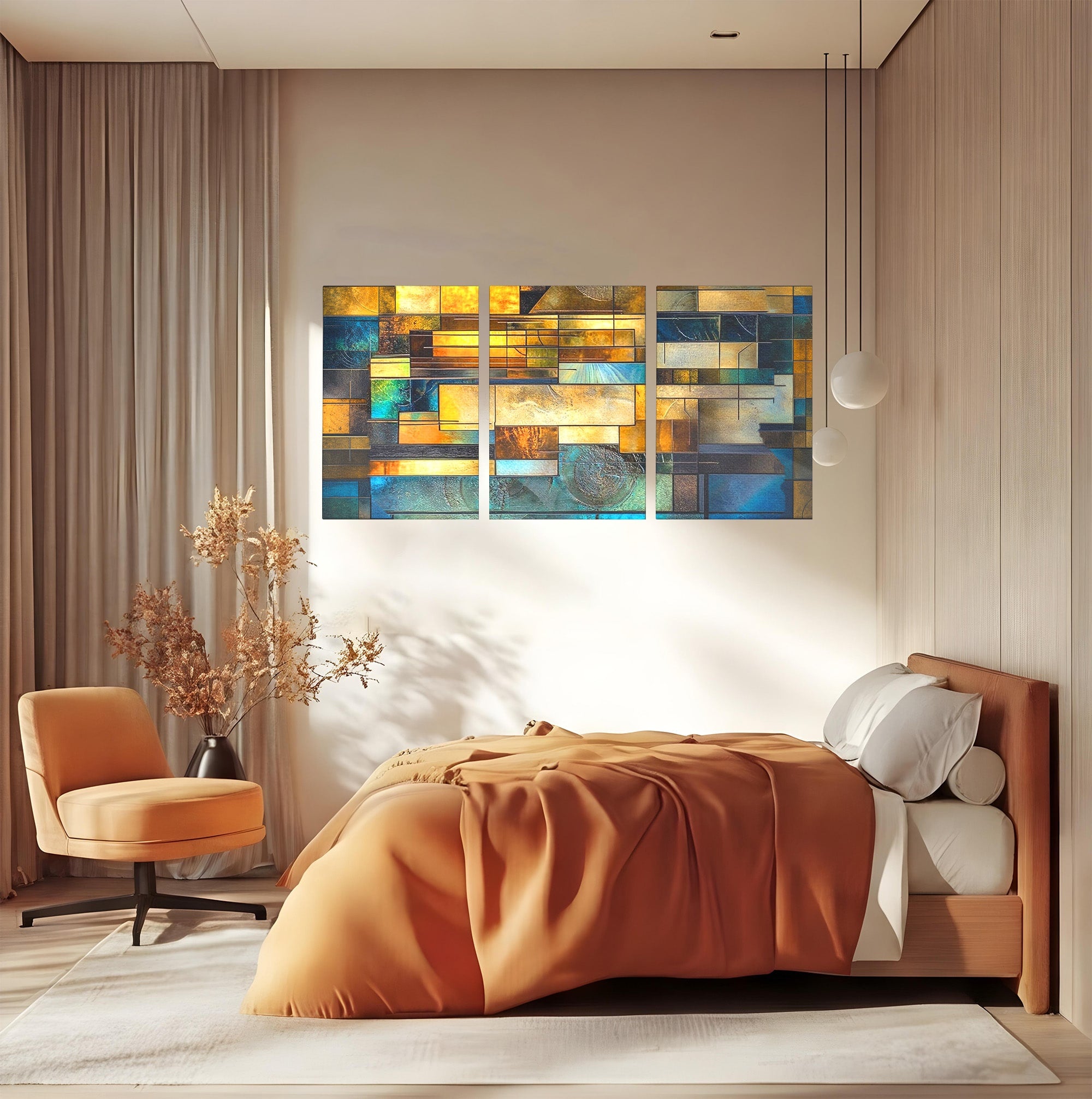 Set 3 Tablouri Canvas Premium LuxCanva® C3-1288, Orase Nevazute, Geometrie, Culori, Abstract, Aur, Turcoaz, Metal, Apa, Memorii, Liniste, Planuri, Timp, Harti, Fragment, Orizont, Birou, Living, Dormitor