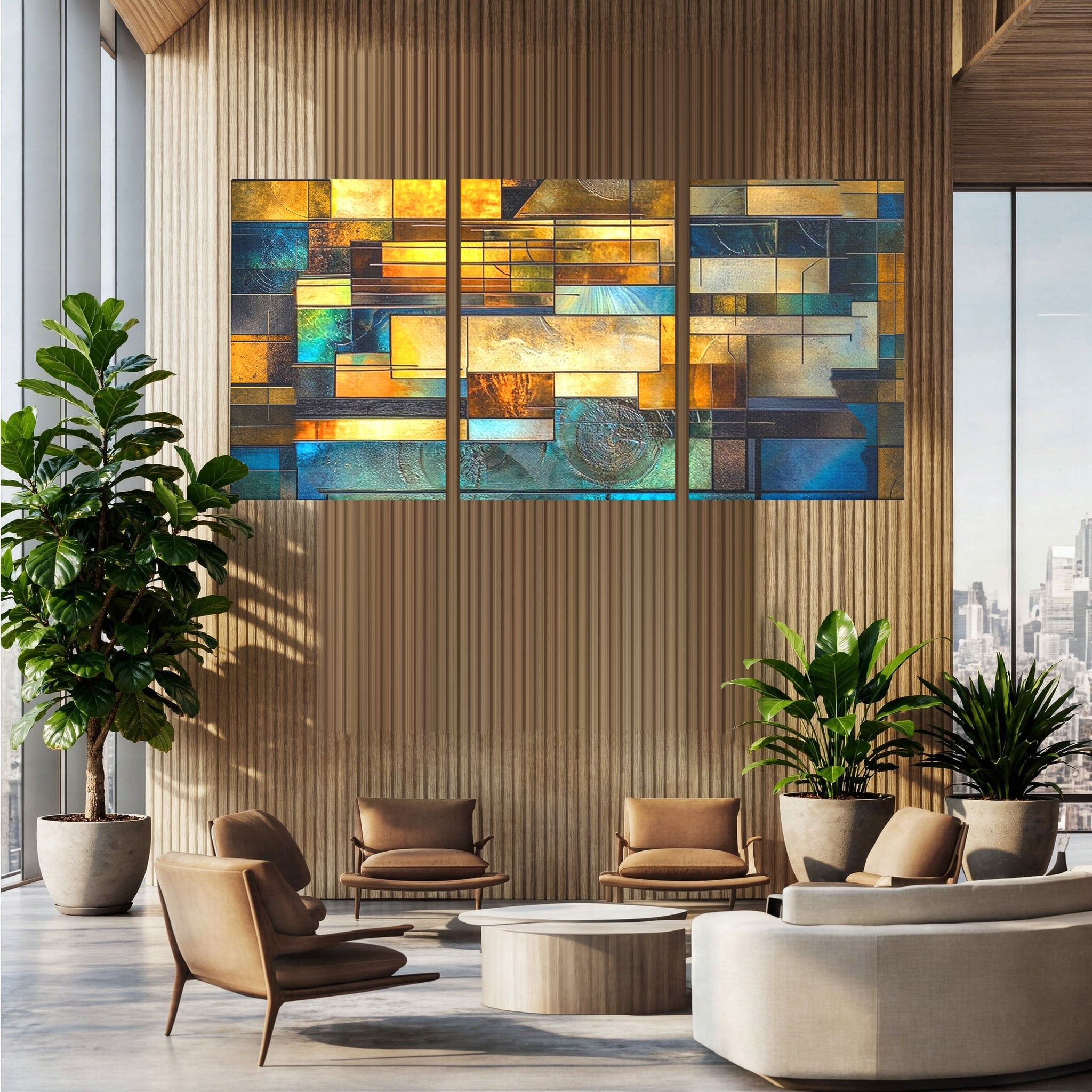 Set 3 Tablouri Canvas Premium LuxCanva® C3-1288, Orase Nevazute, Geometrie, Culori, Abstract, Aur, Turcoaz, Metal, Apa, Memorii, Liniste, Planuri, Timp, Harti, Fragment, Orizont, Birou, Living, Dormitor