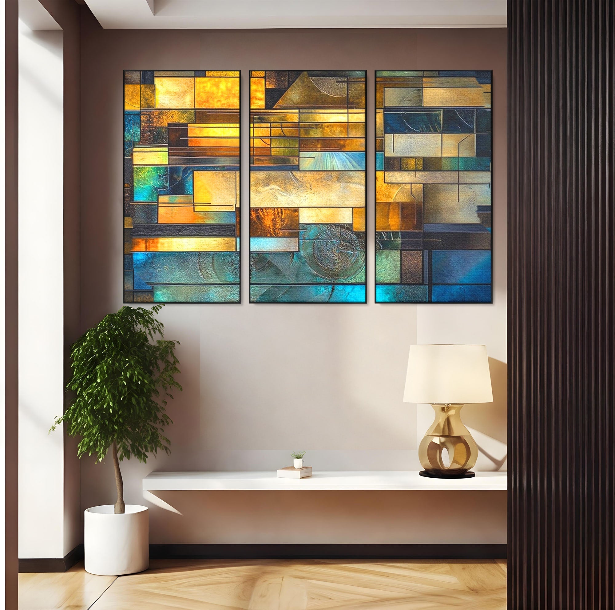 Set 3 Tablouri Canvas Premium LuxCanva® C3-1288, Orase Nevazute, Geometrie, Culori, Abstract, Aur, Turcoaz, Metal, Apa, Memorii, Liniste, Planuri, Timp, Harti, Fragment, Orizont, Birou, Living, Dormitor