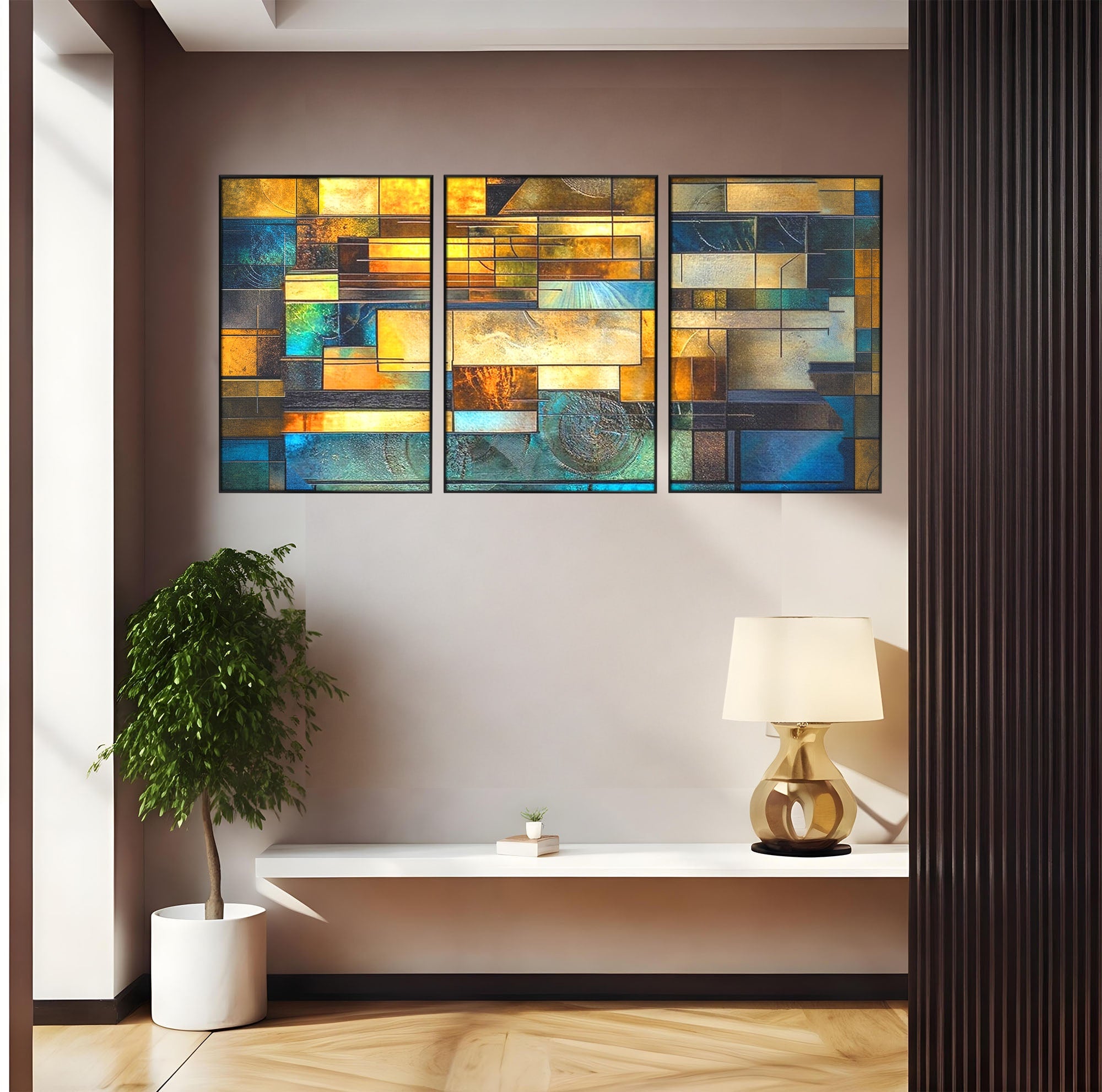Set 3 Tablouri Canvas Premium LuxCanva® C3-1288, Orase Nevazute, Geometrie, Culori, Abstract, Aur, Turcoaz, Metal, Apa, Memorii, Liniste, Planuri, Timp, Harti, Fragment, Orizont, Birou, Living, Dormitor
