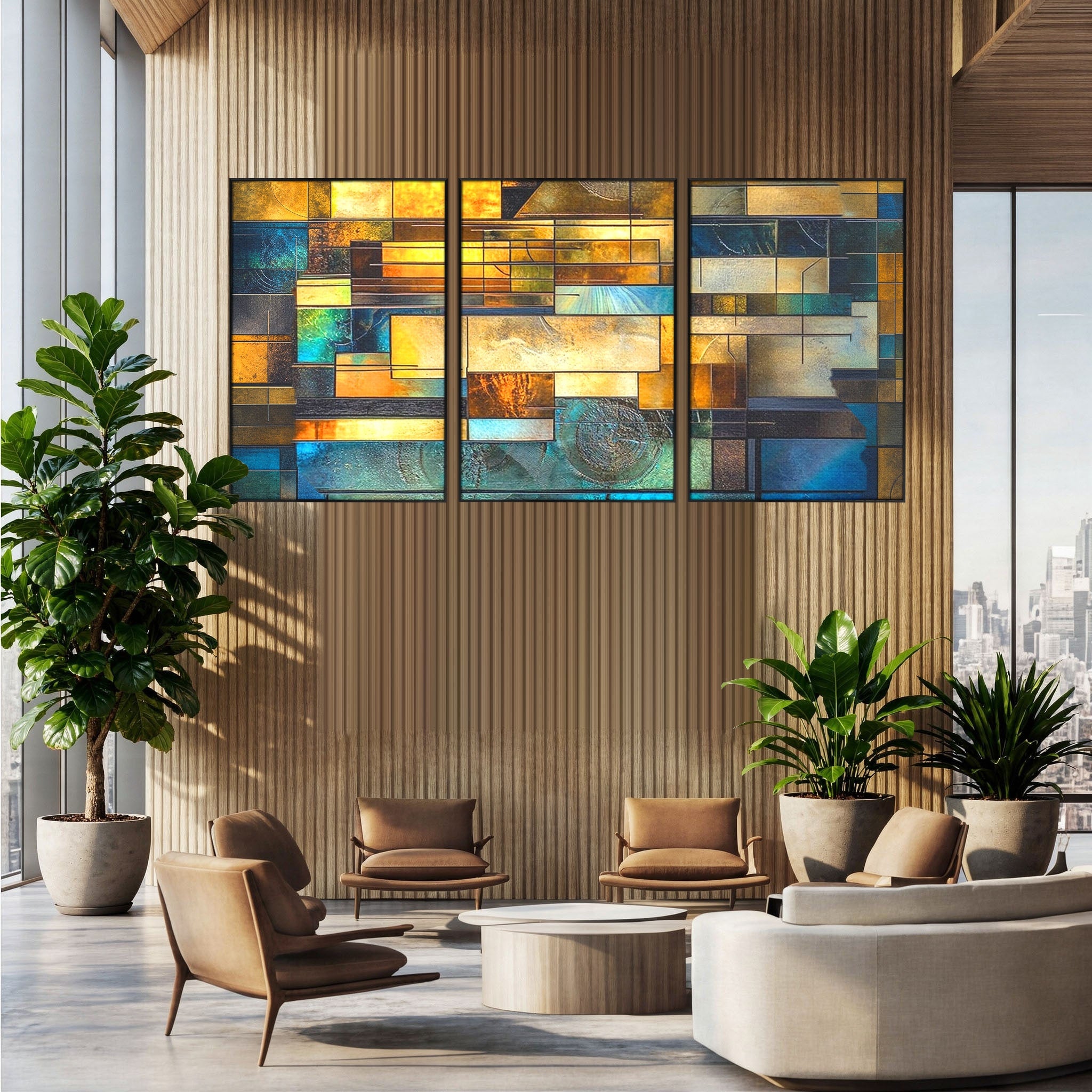 Set 3 Tablouri Canvas Premium LuxCanva® C3-1288, Orase Nevazute, Geometrie, Culori, Abstract, Aur, Turcoaz, Metal, Apa, Memorii, Liniste, Planuri, Timp, Harti, Fragment, Orizont, Birou, Living, Dormitor