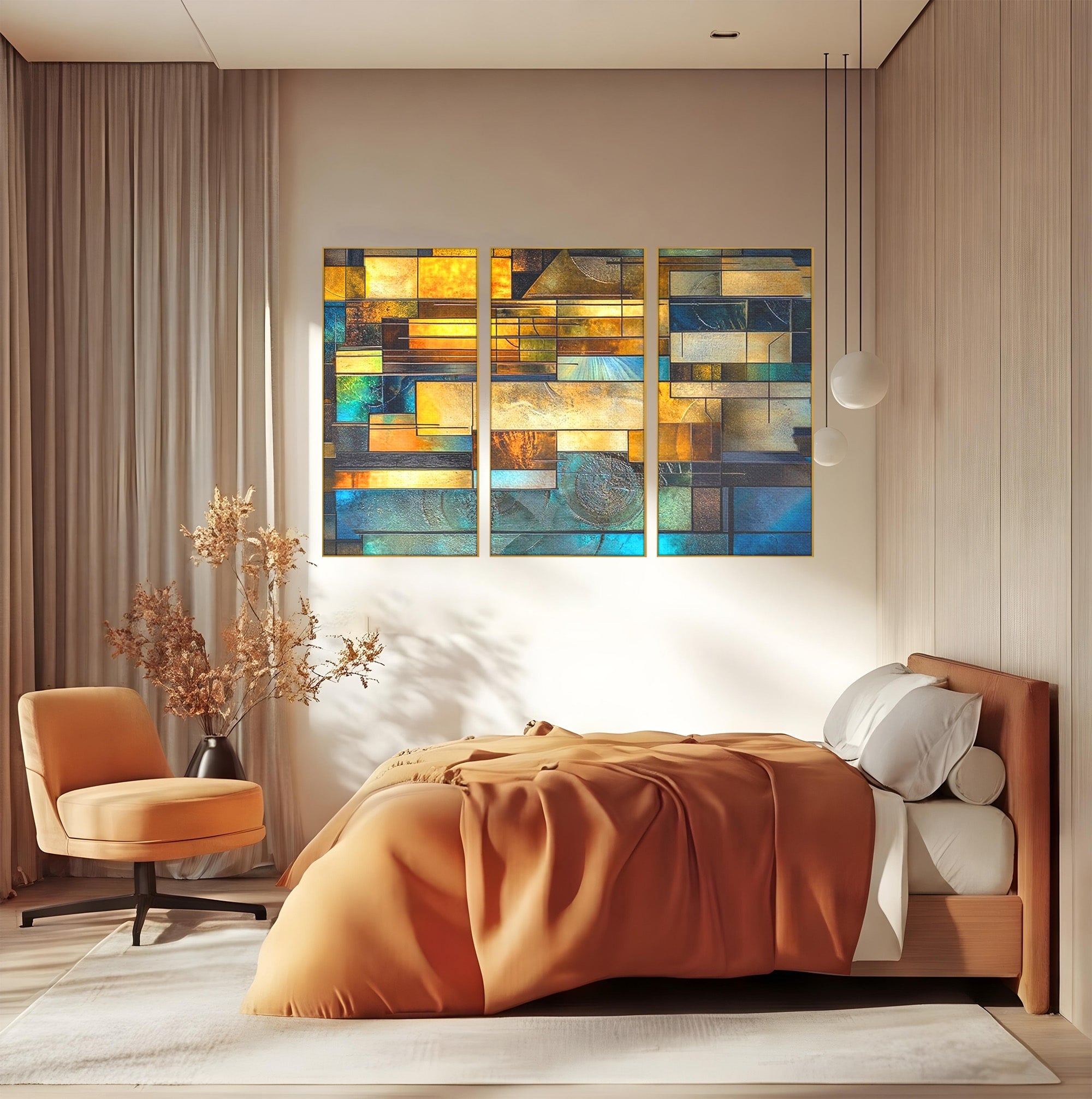 Set 3 Tablouri Canvas Premium LuxCanva® C3-1288, Orase Nevazute, Geometrie, Culori, Abstract, Aur, Turcoaz, Metal, Apa, Memorii, Liniste, Planuri, Timp, Harti, Fragment, Orizont, Birou, Living, Dormitor