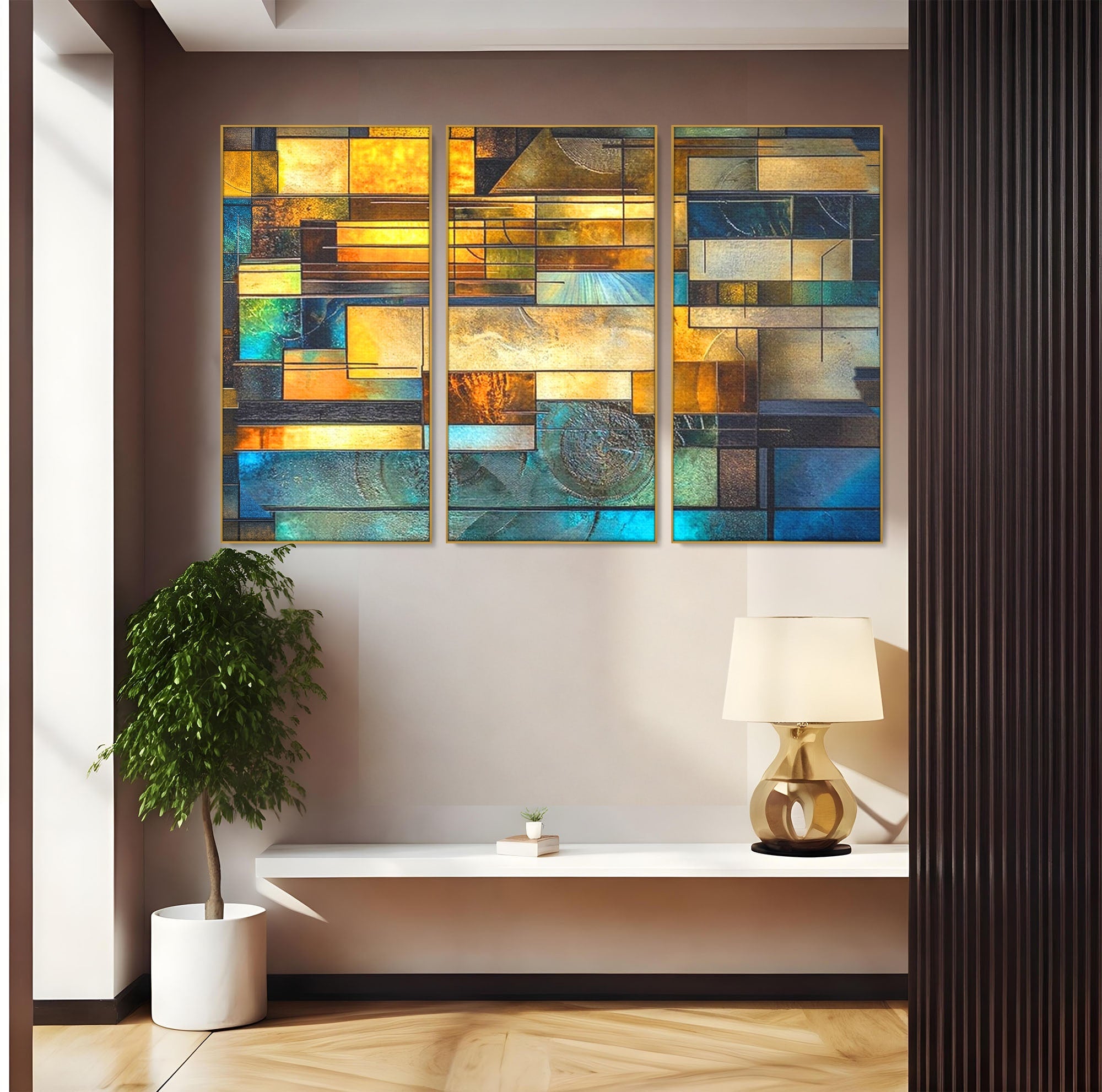 Set 3 Tablouri Canvas Premium LuxCanva® C3-1288, Orase Nevazute, Geometrie, Culori, Abstract, Aur, Turcoaz, Metal, Apa, Memorii, Liniste, Planuri, Timp, Harti, Fragment, Orizont, Birou, Living, Dormitor