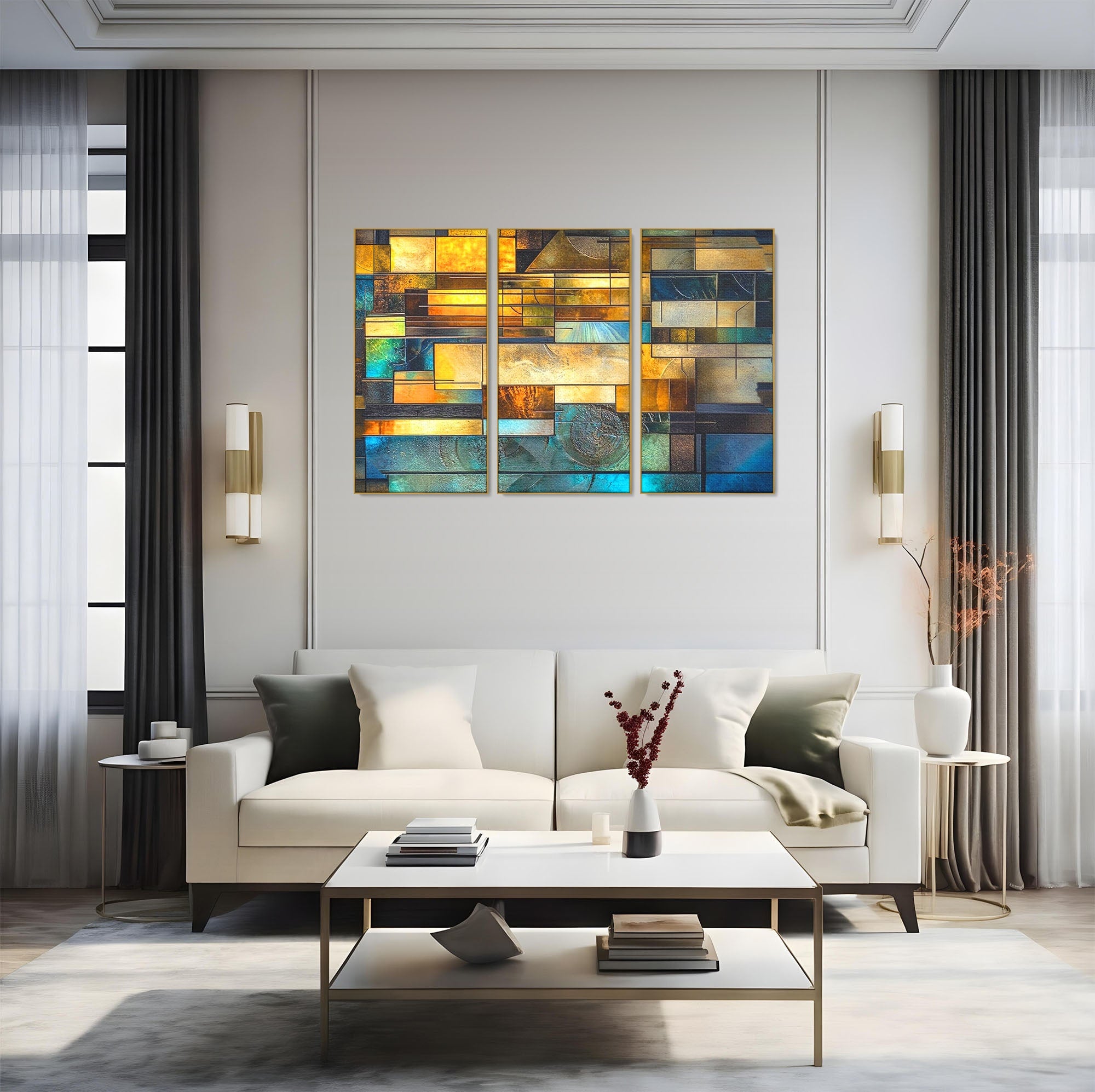 Set 3 Tablouri Canvas Premium LuxCanva® C3-1288, Orase Nevazute, Geometrie, Culori, Abstract, Aur, Turcoaz, Metal, Apa, Memorii, Liniste, Planuri, Timp, Harti, Fragment, Orizont, Birou, Living, Dormitor