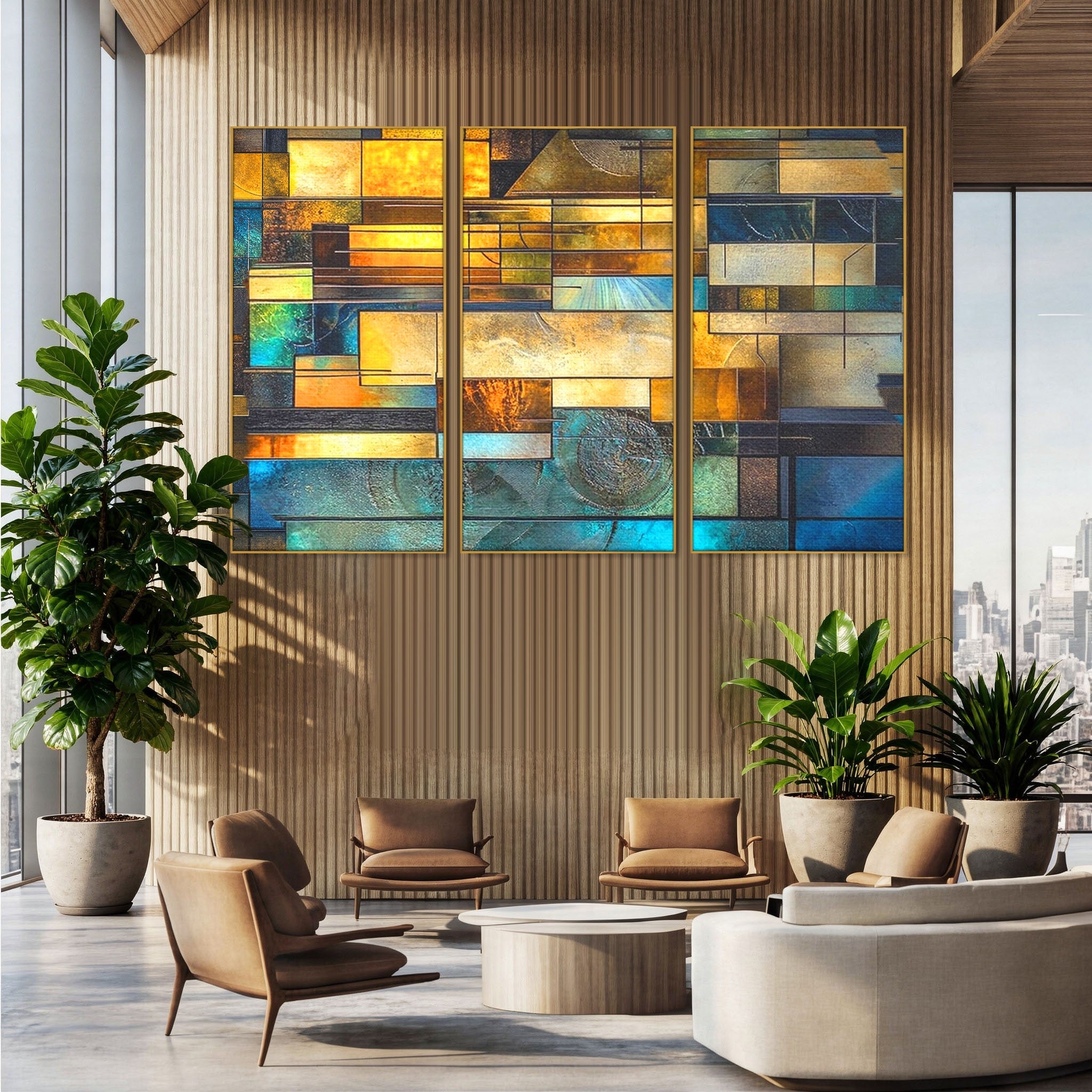 Set 3 Tablouri Canvas Premium LuxCanva® C3-1288, Orase Nevazute, Geometrie, Culori, Abstract, Aur, Turcoaz, Metal, Apa, Memorii, Liniste, Planuri, Timp, Harti, Fragment, Orizont, Birou, Living, Dormitor