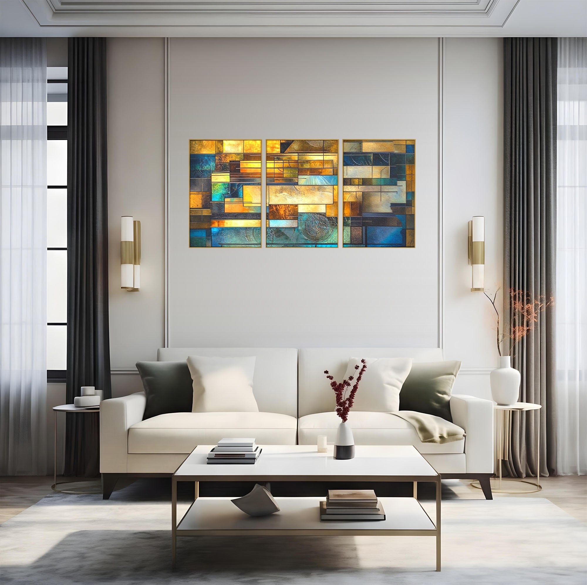 Set 3 Tablouri Canvas Premium LuxCanva® C3-1288, Orase Nevazute, Geometrie, Culori, Abstract, Aur, Turcoaz, Metal, Apa, Memorii, Liniste, Planuri, Timp, Harti, Fragment, Orizont, Birou, Living, Dormitor