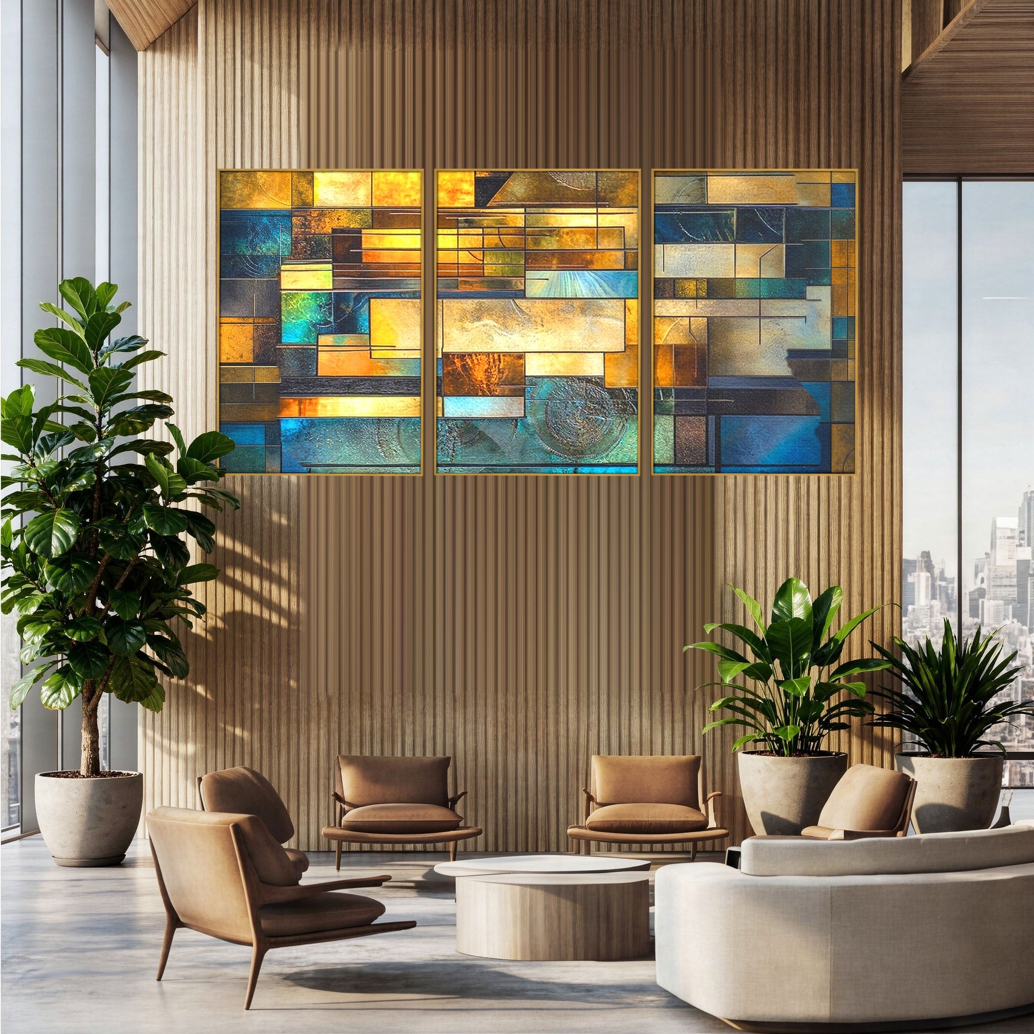 Set 3 Tablouri Canvas Premium LuxCanva® C3-1288, Orase Nevazute, Geometrie, Culori, Abstract, Aur, Turcoaz, Metal, Apa, Memorii, Liniste, Planuri, Timp, Harti, Fragment, Orizont, Birou, Living, Dormitor