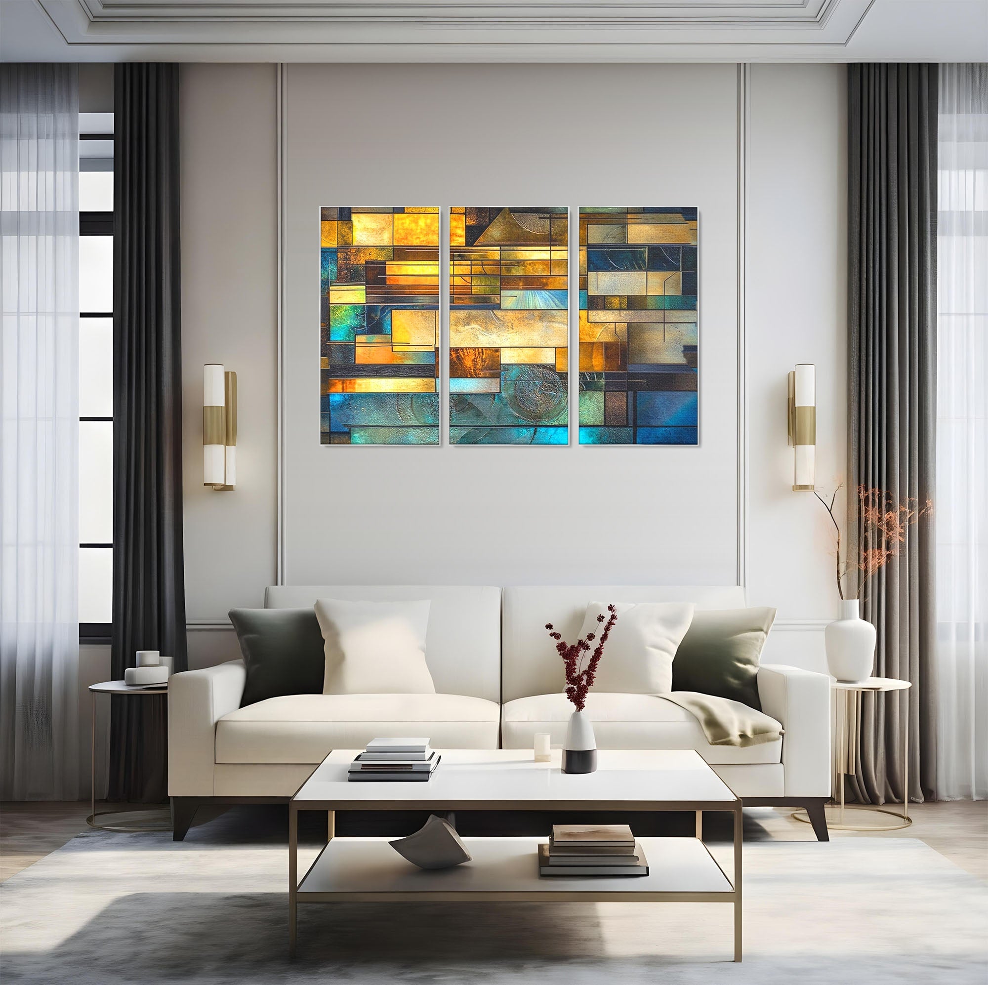 Set 3 Tablouri Canvas Premium LuxCanva® C3-1288, Orase Nevazute, Geometrie, Culori, Abstract, Aur, Turcoaz, Metal, Apa, Memorii, Liniste, Planuri, Timp, Harti, Fragment, Orizont, Birou, Living, Dormitor