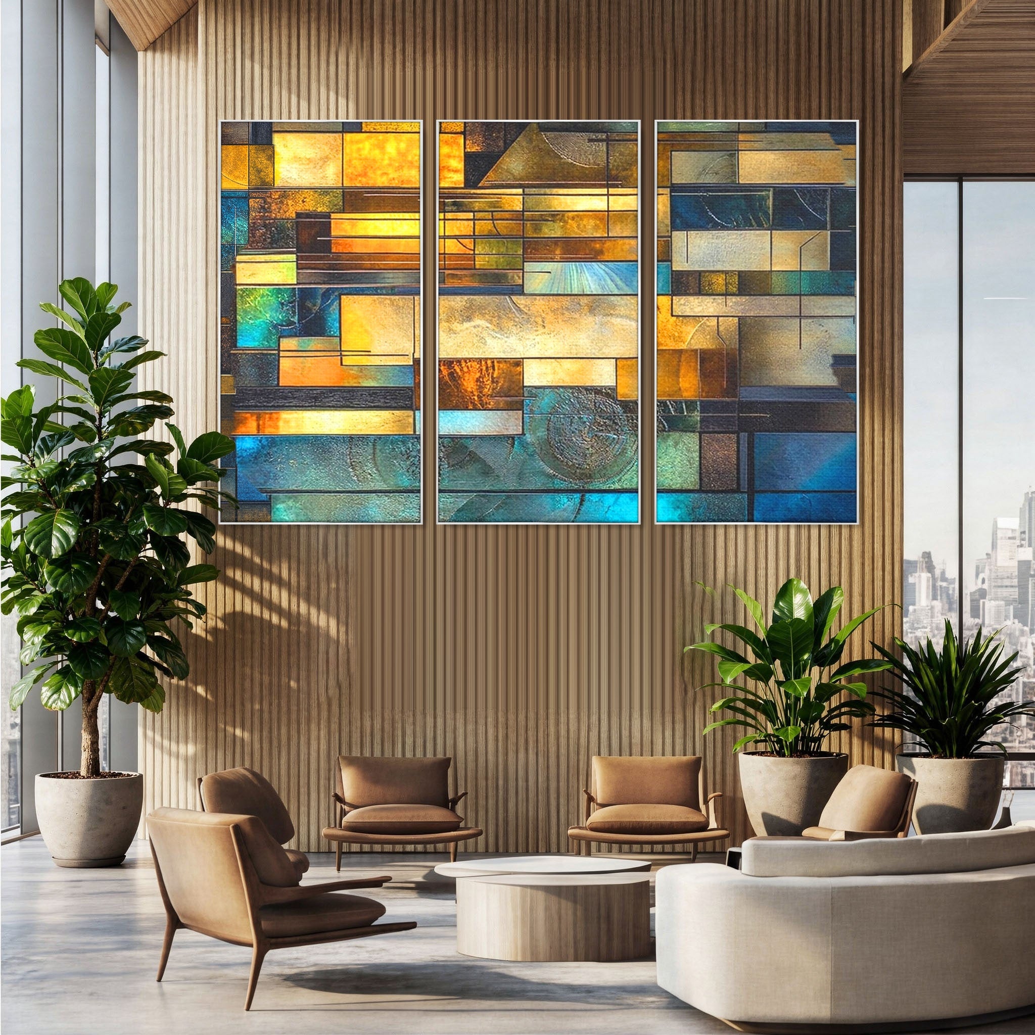 Set 3 Tablouri Canvas Premium LuxCanva® C3-1288, Orase Nevazute, Geometrie, Culori, Abstract, Aur, Turcoaz, Metal, Apa, Memorii, Liniste, Planuri, Timp, Harti, Fragment, Orizont, Birou, Living, Dormitor